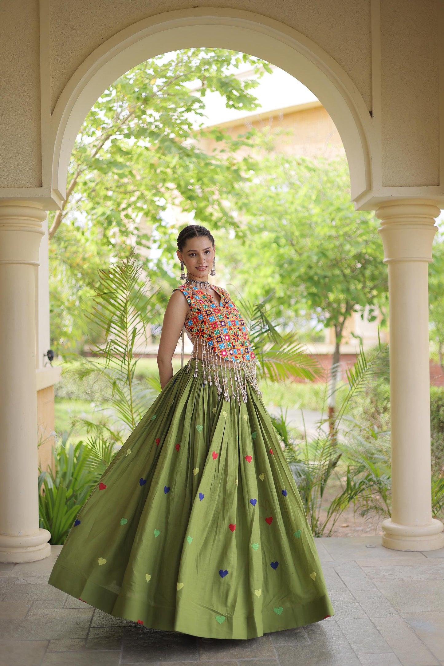 Mehendi Green Cora Cotton Gamthi Thread Embroidered & Mirror Work Navratri Lehenga Choli