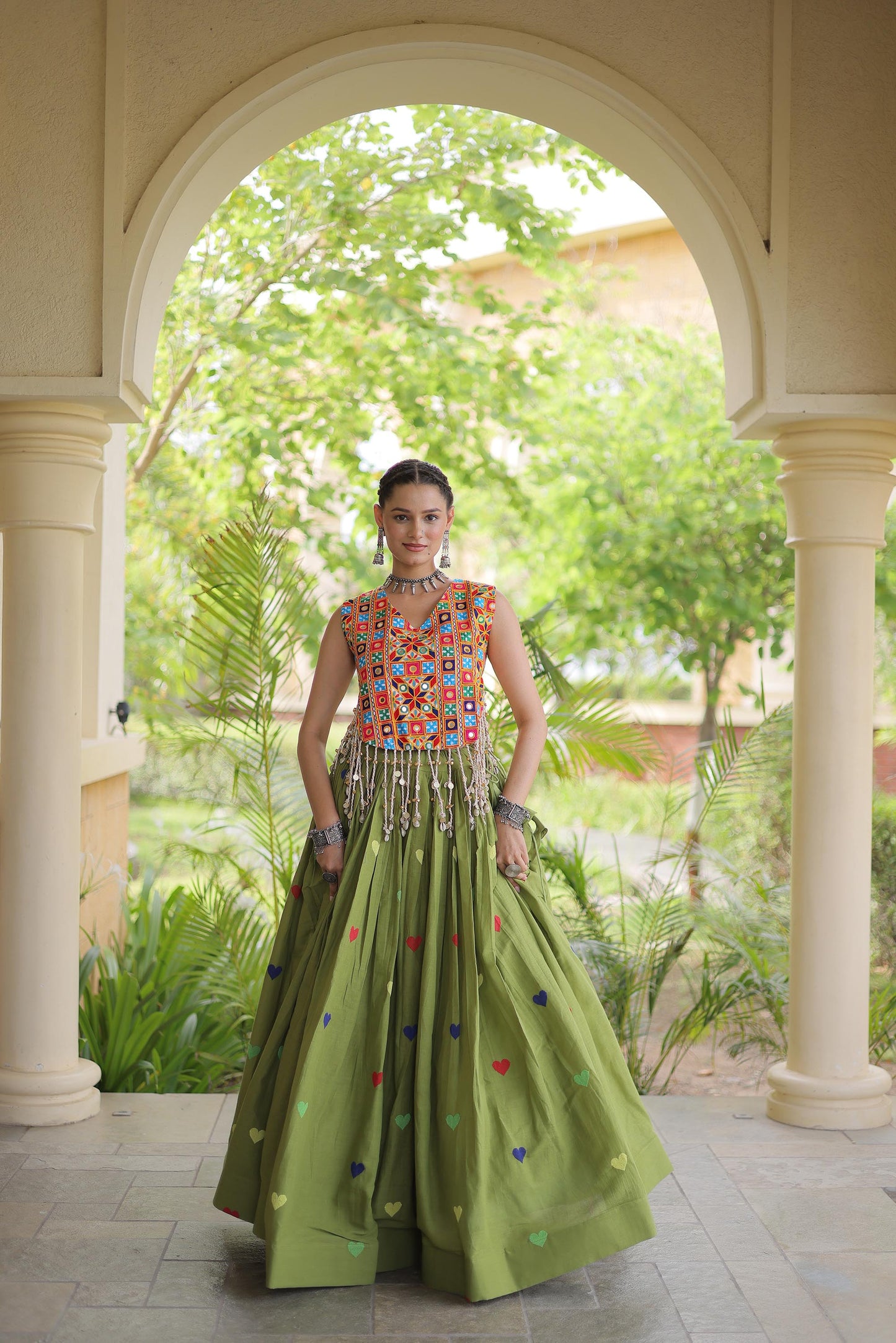 Mehendi Green Cora Cotton Gamthi Thread Embroidered & Mirror Work Navratri Lehenga Choli