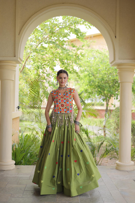 Mehendi Green Cora Cotton Gamthi Thread Embroidered & Mirror Work Navratri Lehenga Choli