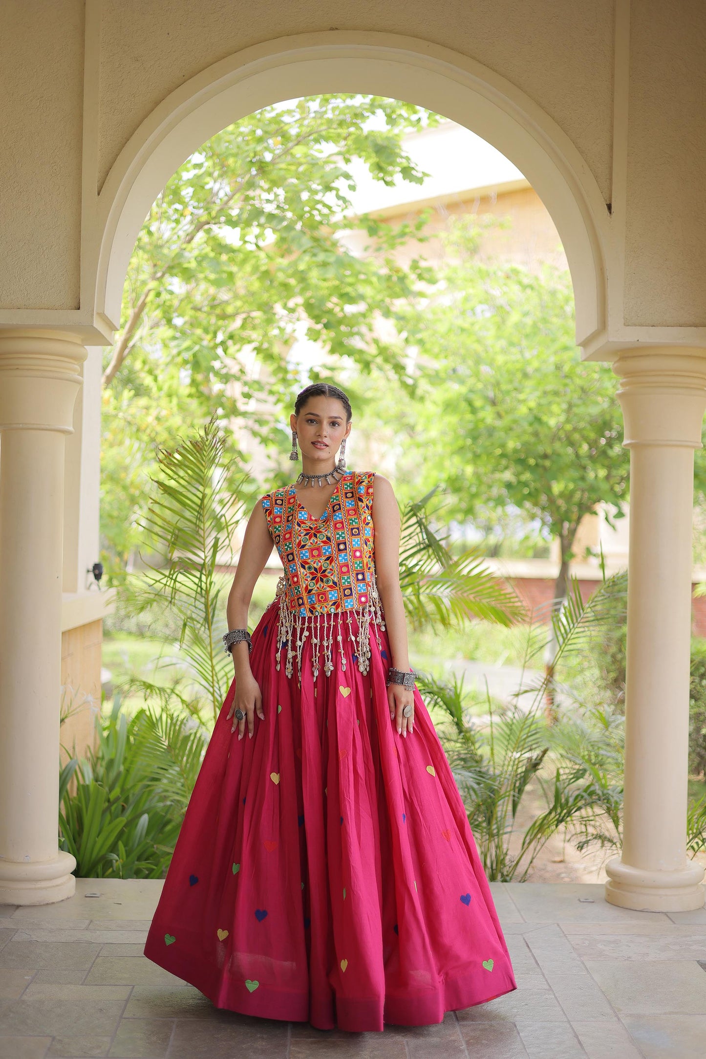 Pink Cora Cotton Gamthi Thread Embroidered & Mirror Work Navratri Lehenga Choli