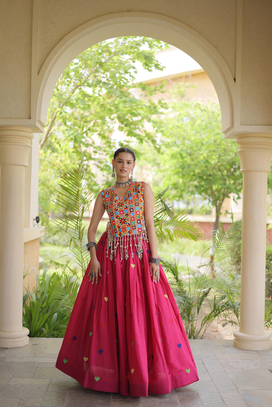 Pink Cora Cotton Gamthi Thread Embroidered & Mirror Work Navratri Lehenga Choli