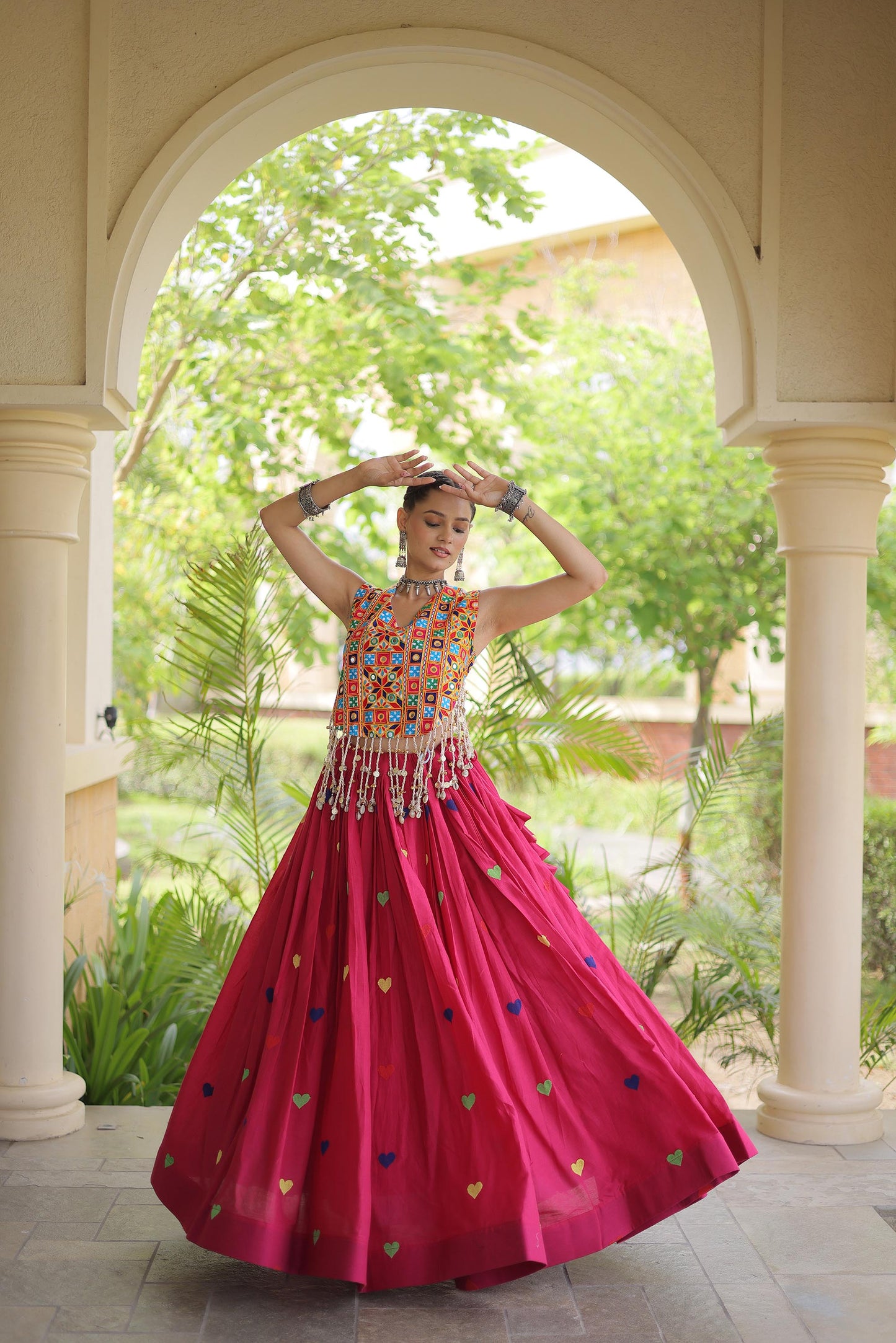 Pink Cora Cotton Gamthi Thread Embroidered & Mirror Work Navratri Lehenga Choli