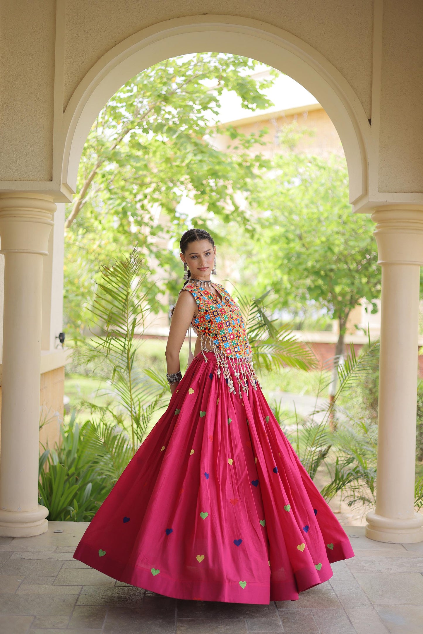 Pink Cora Cotton Gamthi Thread Embroidered & Mirror Work Navratri Lehenga Choli