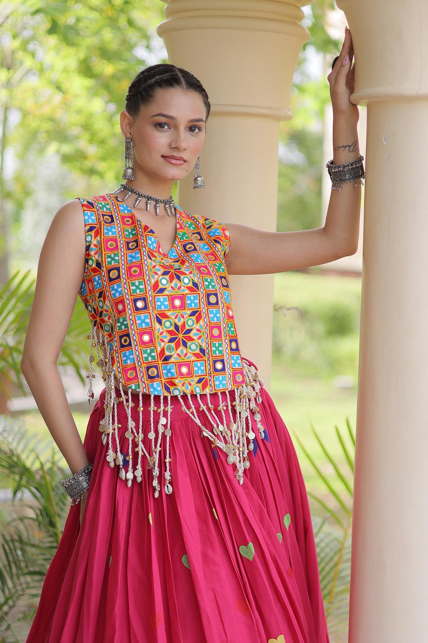 Pink Cora Cotton Gamthi Thread Embroidered & Mirror Work Navratri Lehenga Choli
