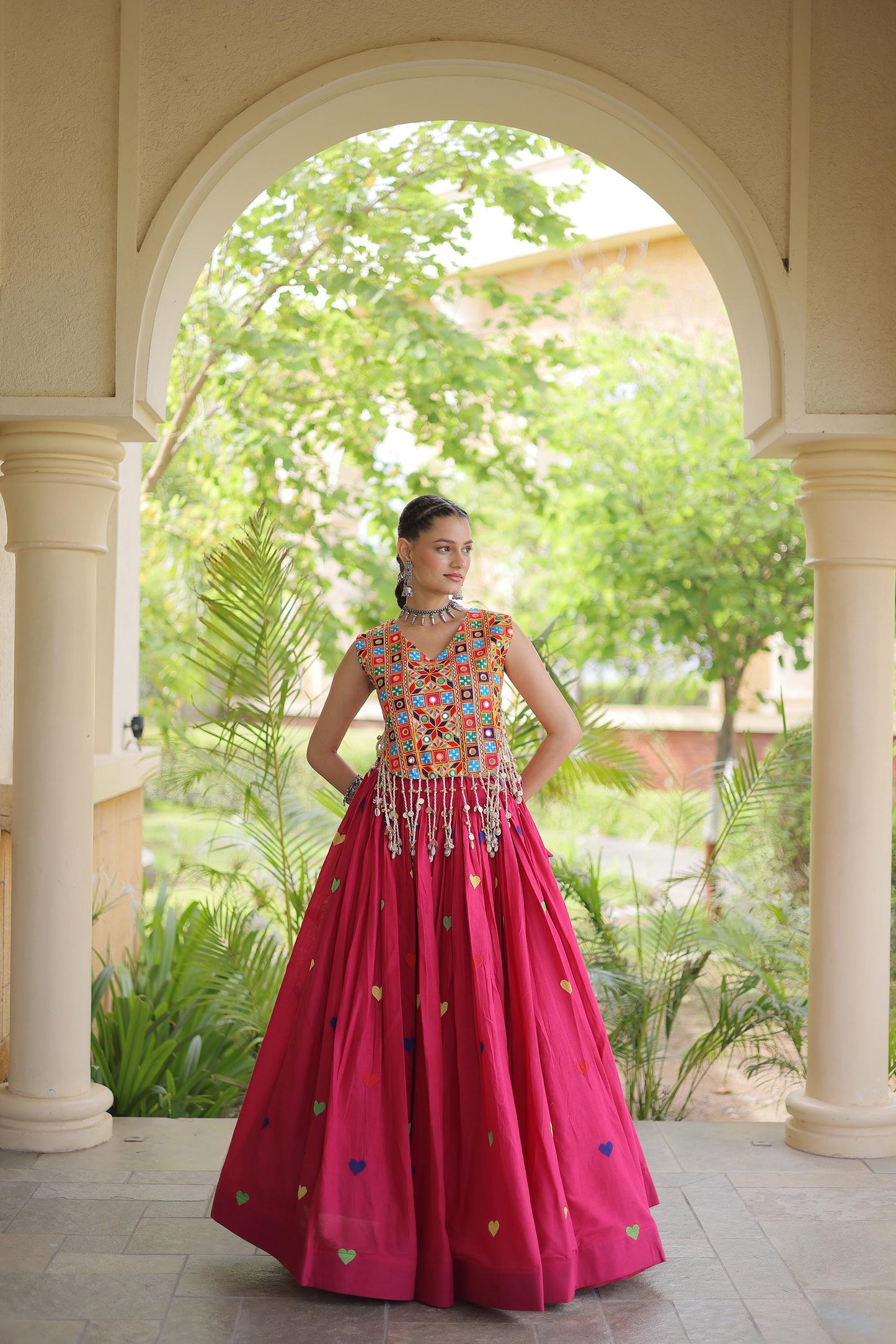 Pink Cora Cotton Gamthi Thread Embroidered & Mirror Work Navratri Lehenga Choli