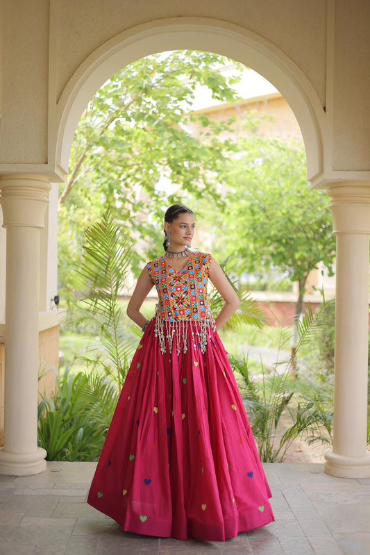 Pink Cora Cotton Gamthi Thread Embroidered & Mirror Work Navratri Lehenga Choli