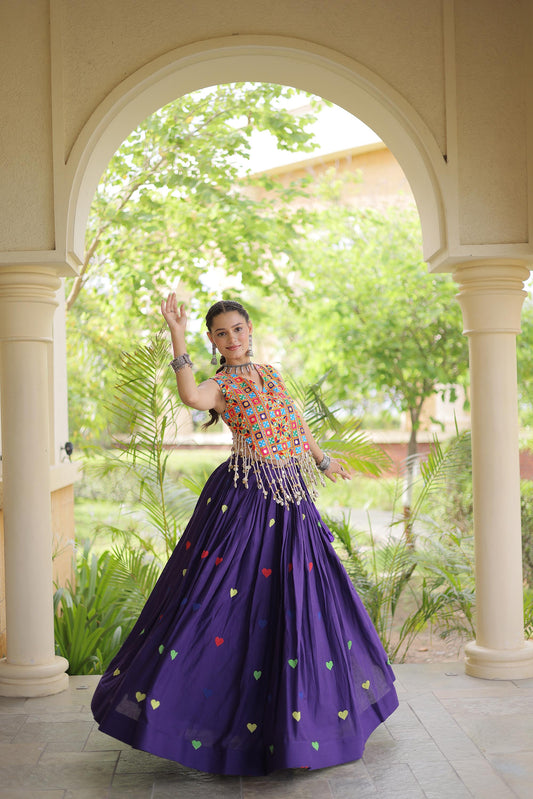 Purple Cora Cotton Gamthi Thread Embroidered & Mirror Work Navratri Lehenga Choli