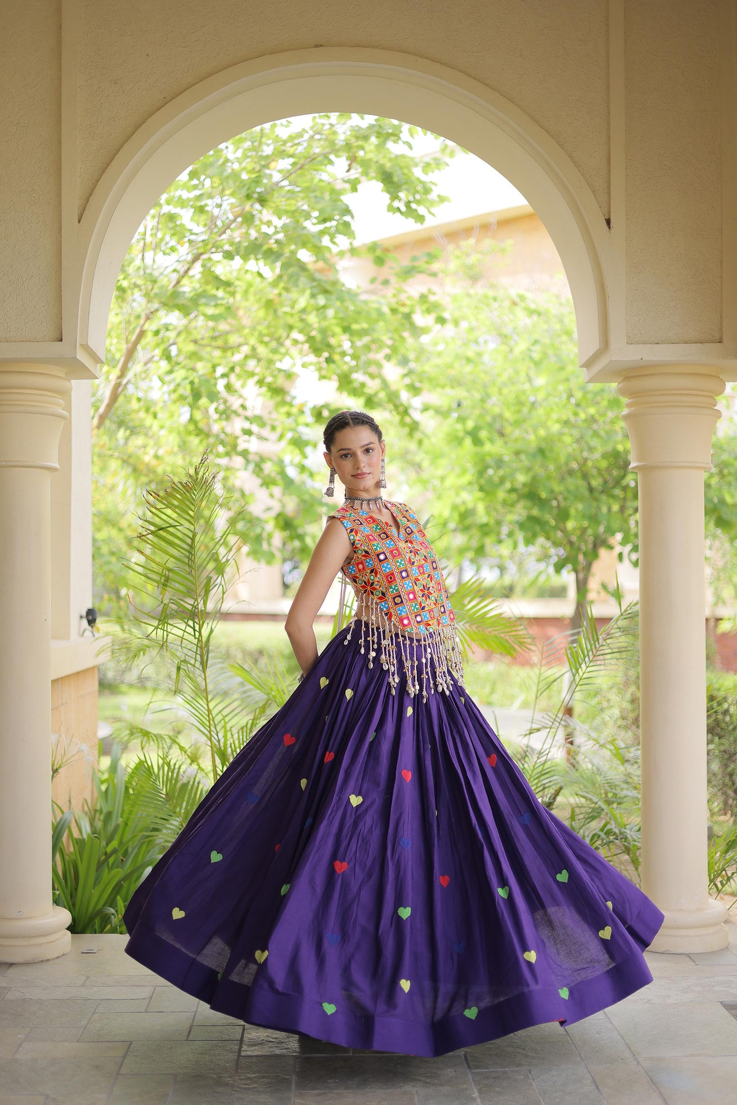 Purple Cora Cotton Gamthi Thread Embroidered & Mirror Work Navratri Lehenga Choli