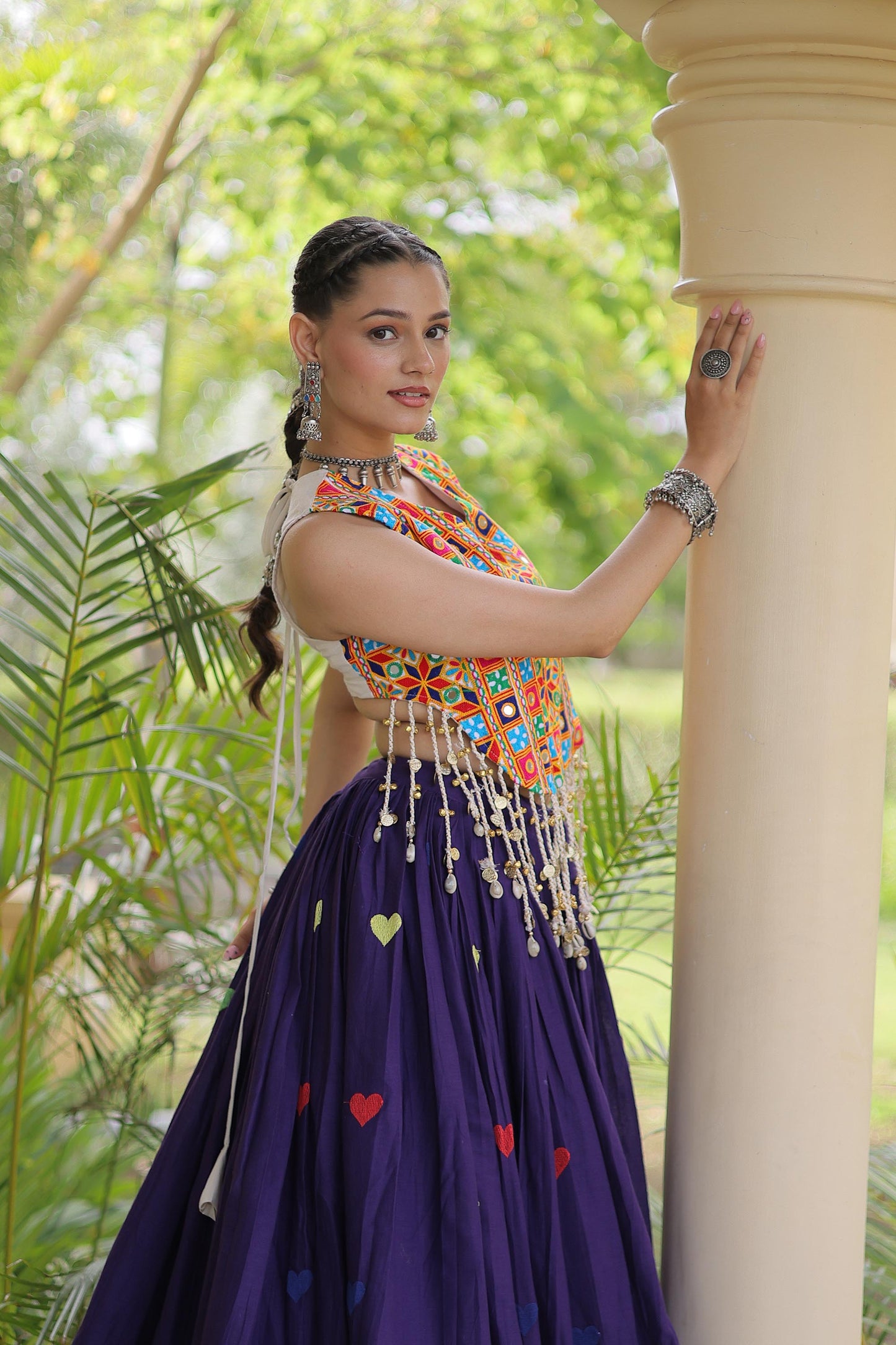 Purple Cora Cotton Gamthi Thread Embroidered & Mirror Work Navratri Lehenga Choli