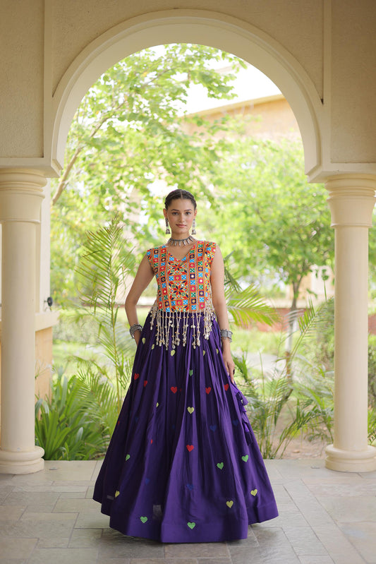 Purple Cora Cotton Gamthi Thread Embroidered & Mirror Work Navratri Lehenga Choli