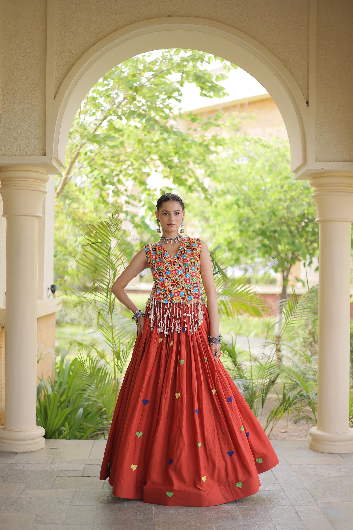 Orange Cora Cotton Gamthi Thread Embroidered & Mirror Work Navratri Lehenga Choli