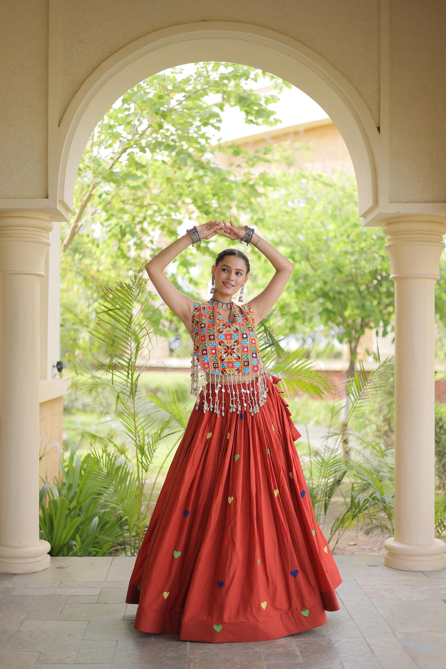 Orange Cora Cotton Gamthi Thread Embroidered & Mirror Work Navratri Lehenga Choli