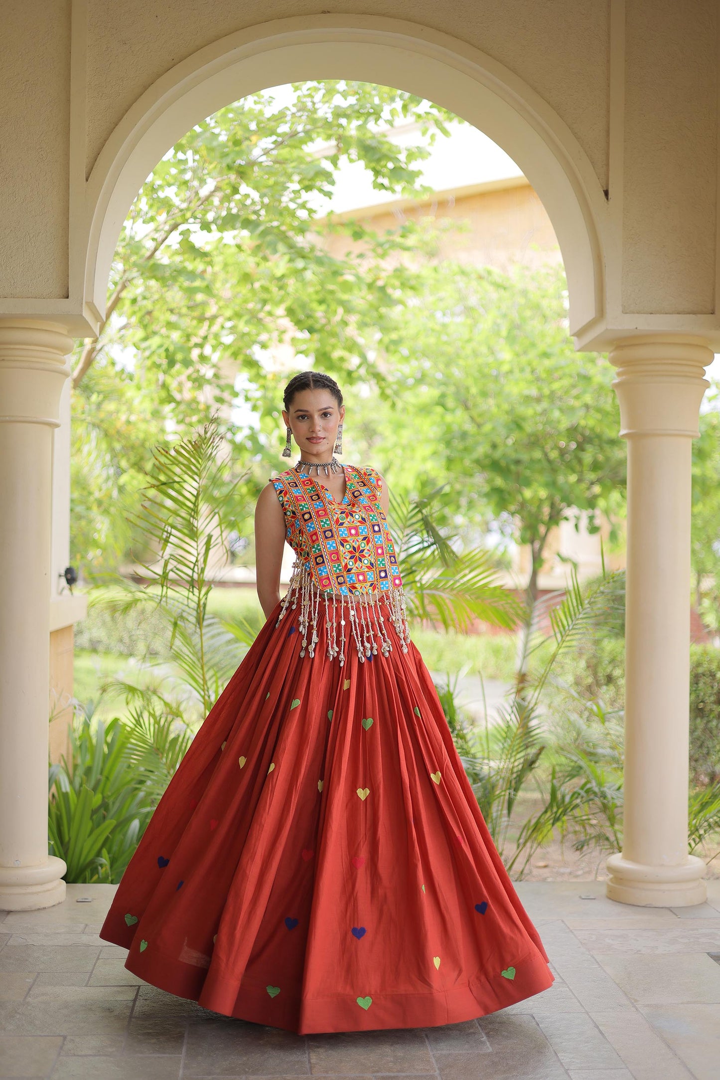 Orange Cora Cotton Gamthi Thread Embroidered & Mirror Work Navratri Lehenga Choli