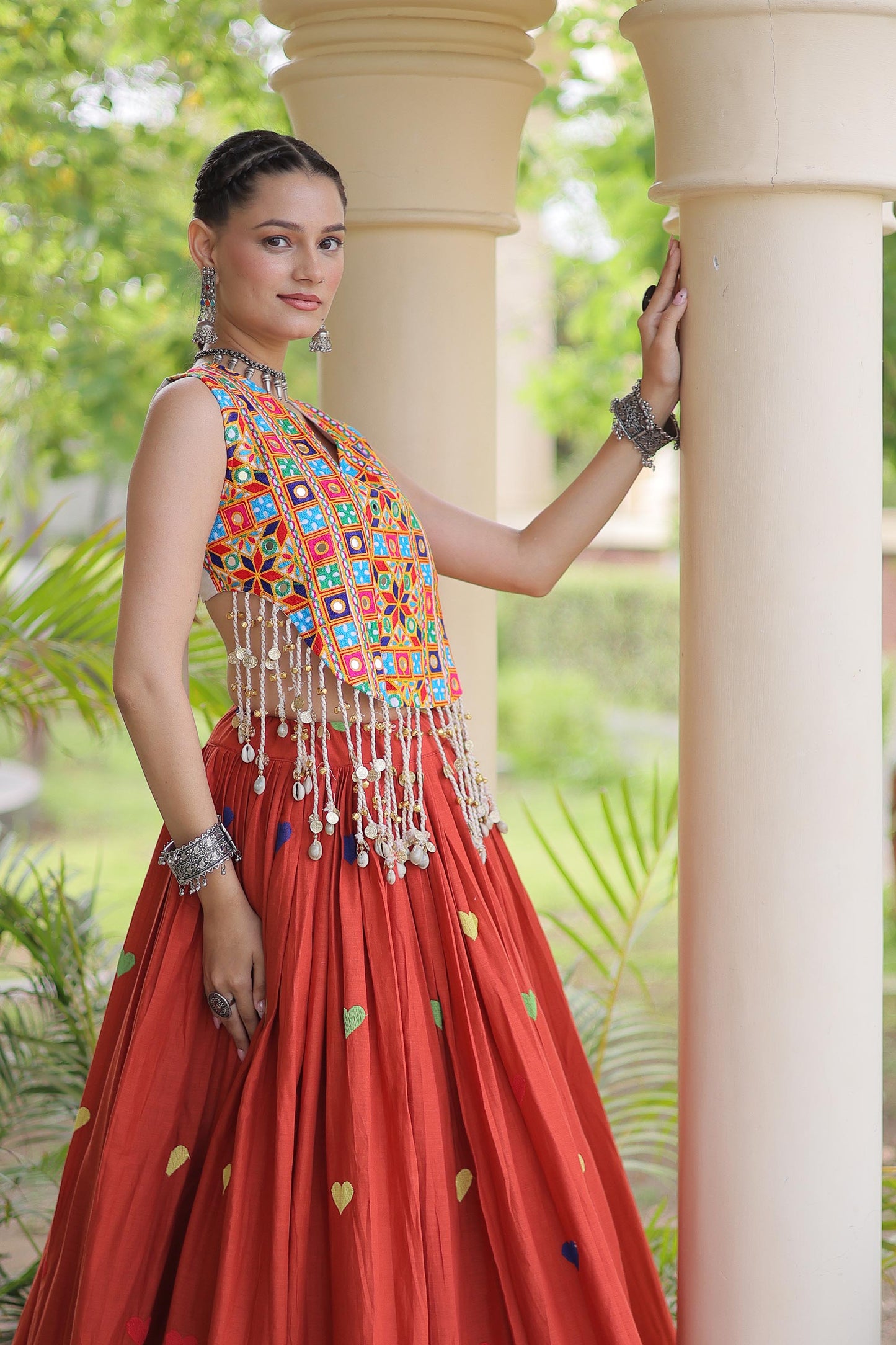 Orange Cora Cotton Gamthi Thread Embroidered & Mirror Work Navratri Lehenga Choli