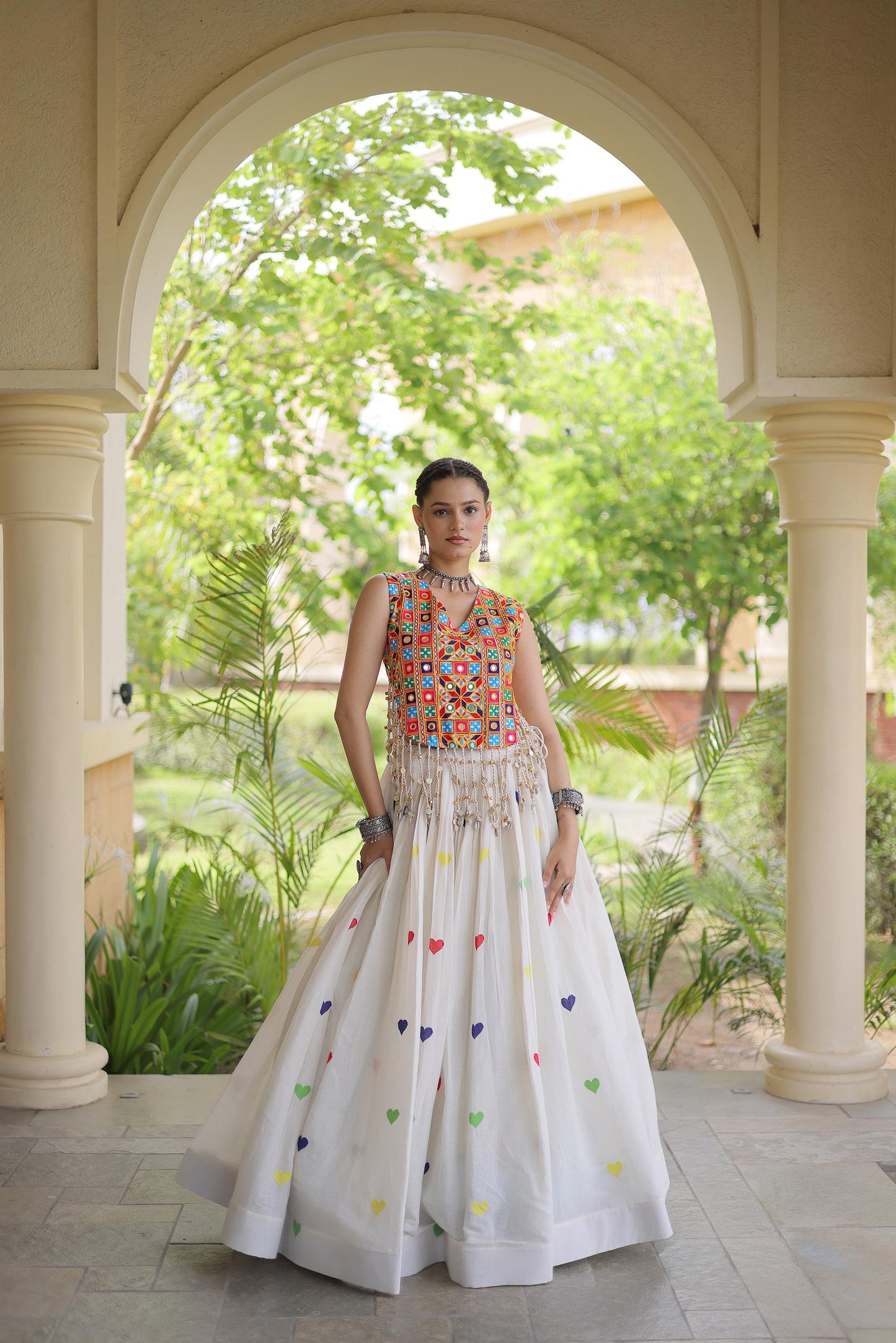 Off White Cora Cotton Gamthi Thread Embroidered & Mirror Work Navratri Lehenga Choli