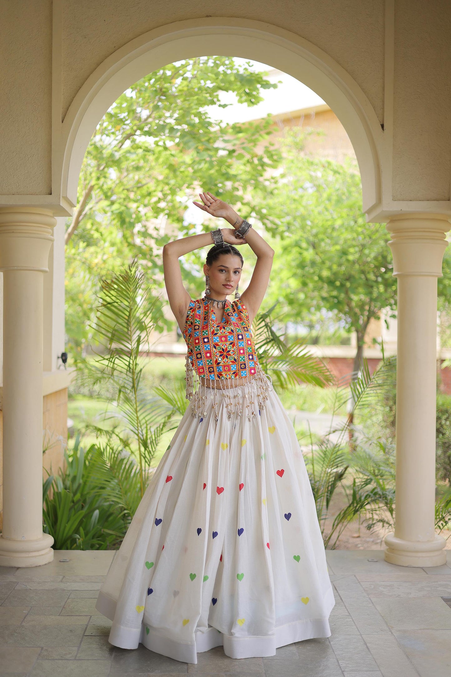 Off White Cora Cotton Gamthi Thread Embroidered & Mirror Work Navratri Lehenga Choli