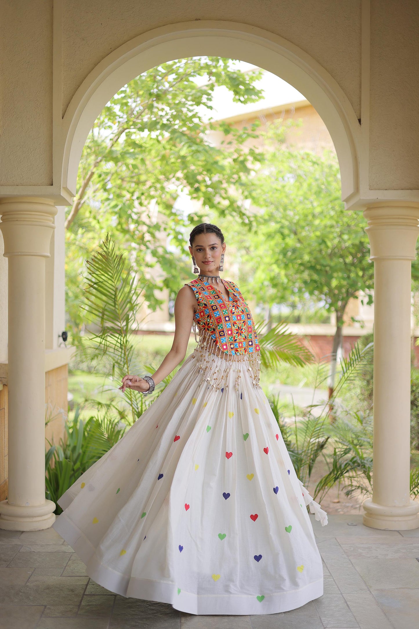 Off White Cora Cotton Gamthi Thread Embroidered & Mirror Work Navratri Lehenga Choli