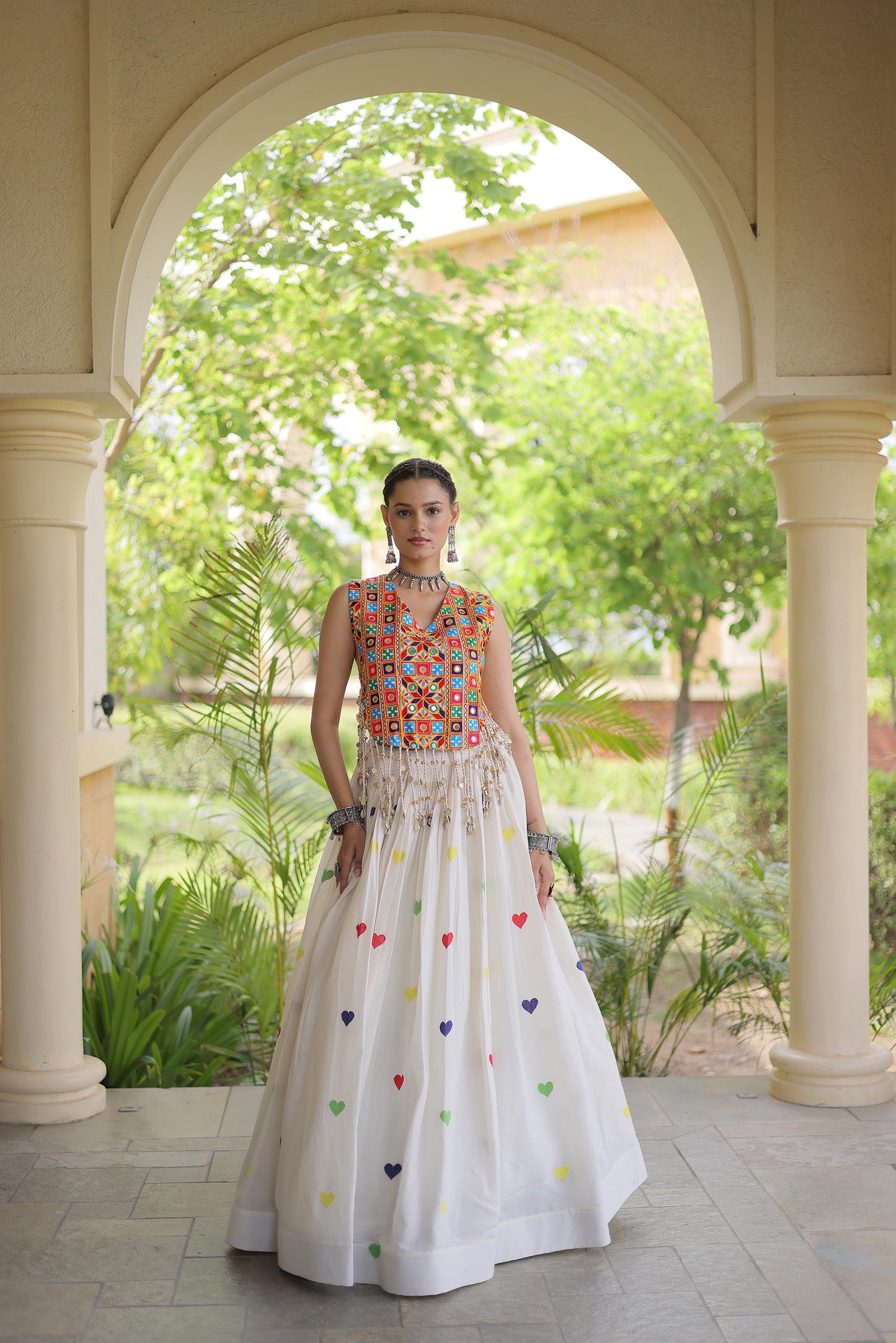Off White Cora Cotton Gamthi Thread Embroidered & Mirror Work Navratri Lehenga Choli