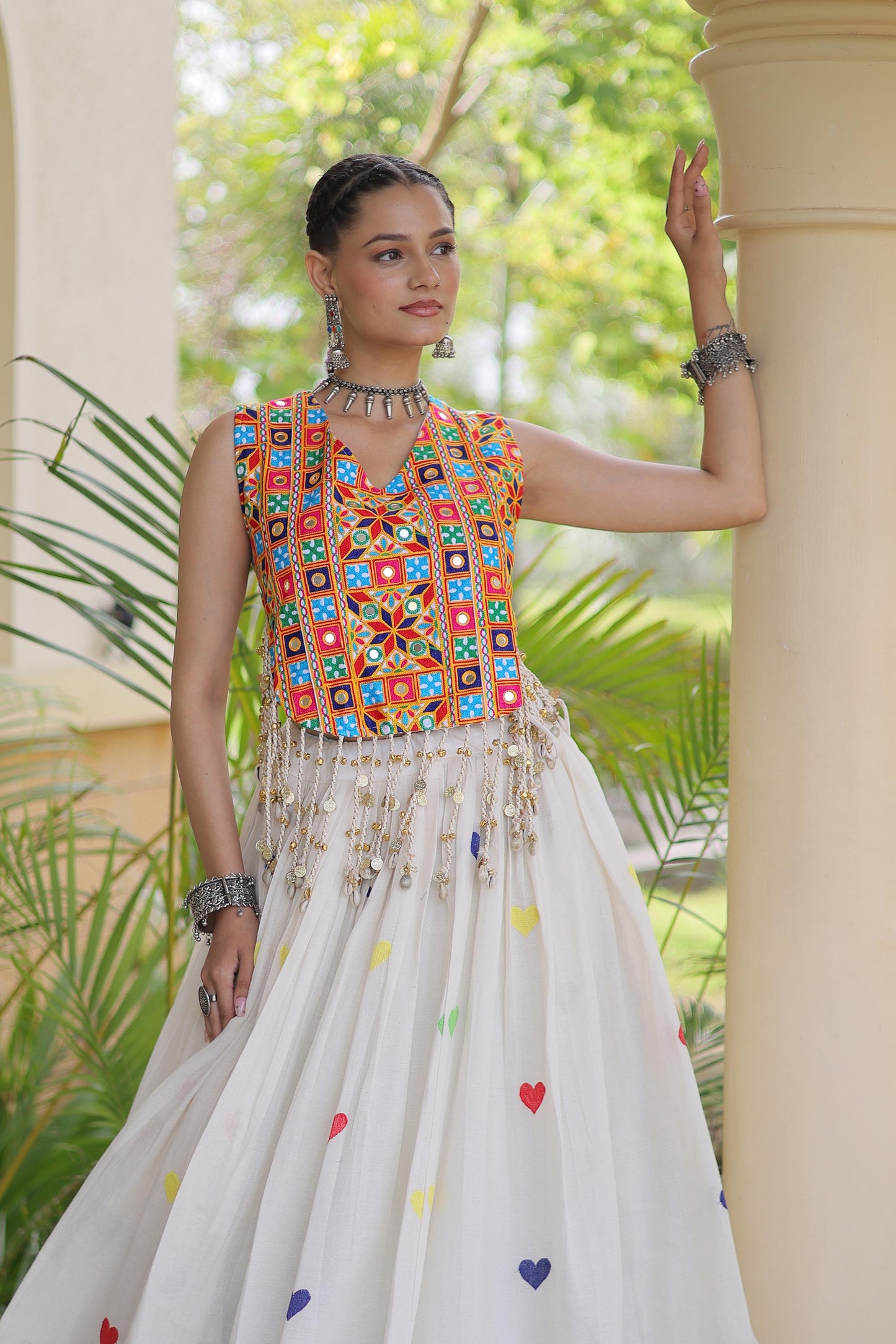Off White Cora Cotton Gamthi Thread Embroidered & Mirror Work Navratri Lehenga Choli