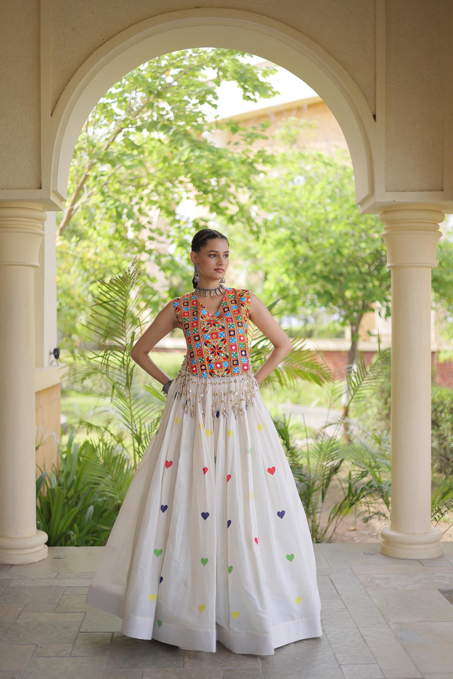 Off White Cora Cotton Gamthi Thread Embroidered & Mirror Work Navratri Lehenga Choli