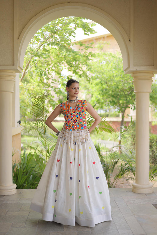 Off White Cora Cotton Gamthi Thread Embroidered & Mirror Work Navratri Lehenga Choli