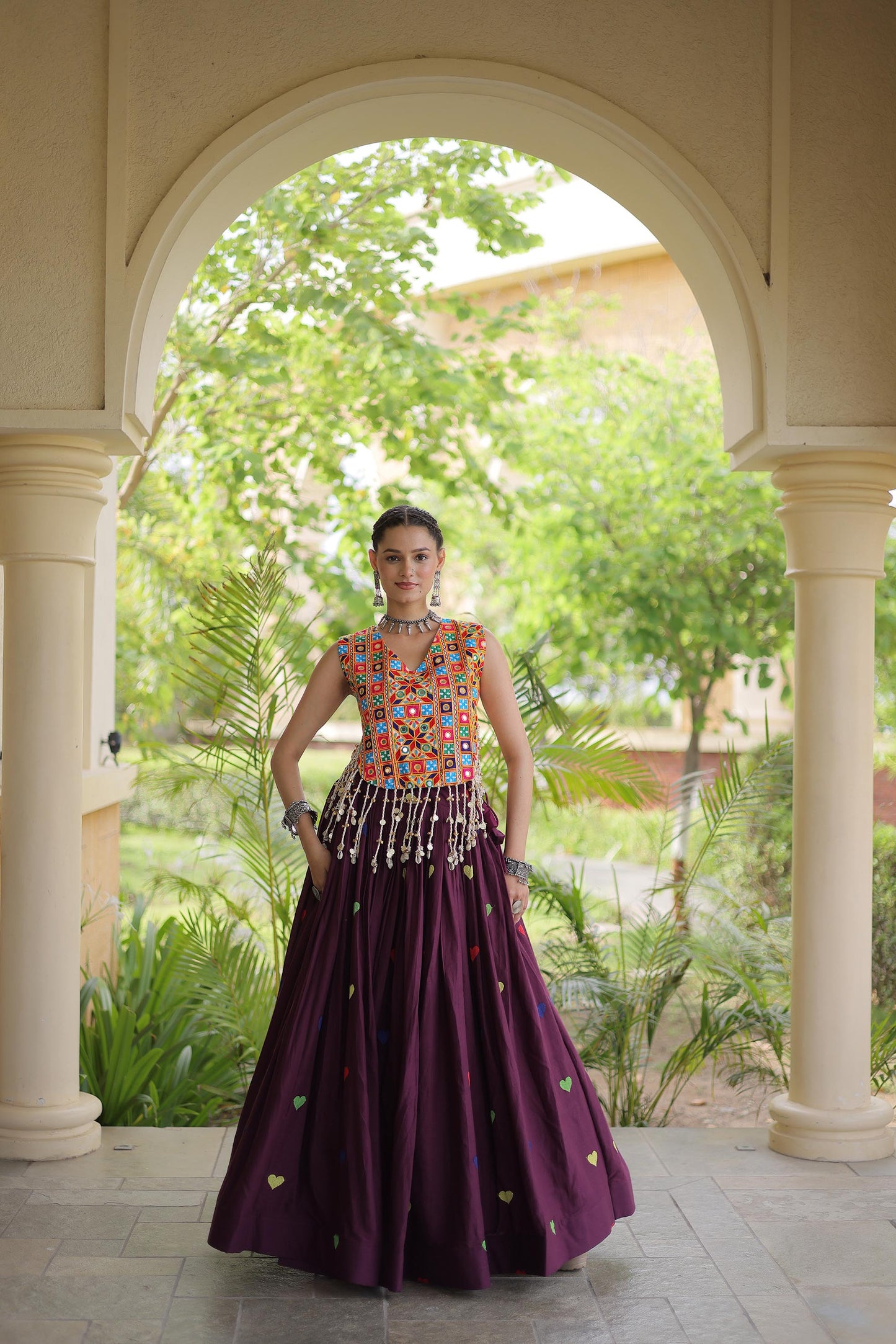 Wine Cora Cotton Gamthi Thread Embroidered & Mirror Work Navratri Lehenga Choli