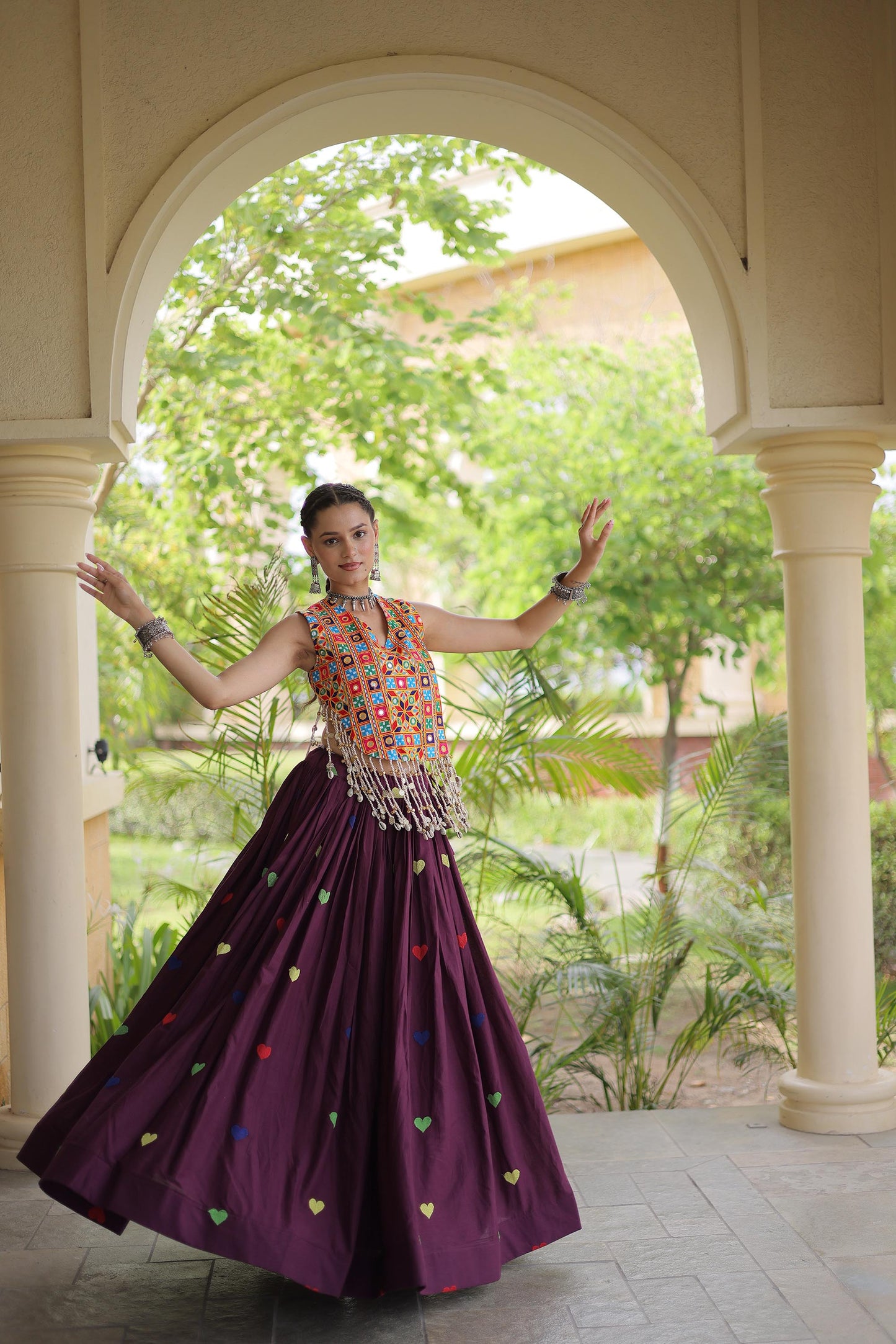 Wine Cora Cotton Gamthi Thread Embroidered & Mirror Work Navratri Lehenga Choli