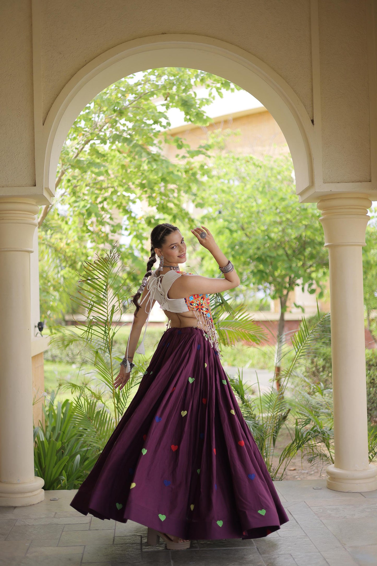 Wine Cora Cotton Gamthi Thread Embroidered & Mirror Work Navratri Lehenga Choli