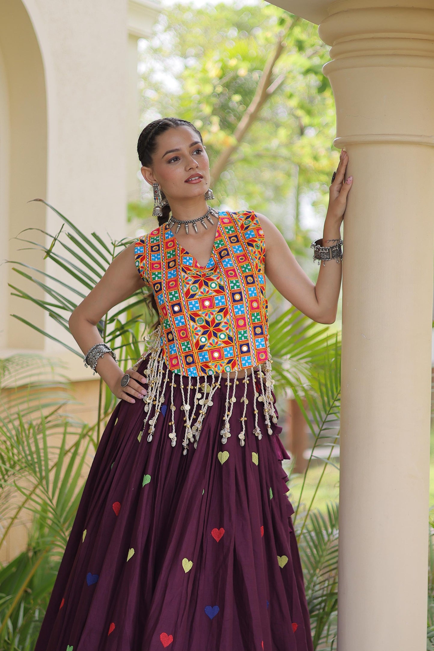 Wine Cora Cotton Gamthi Thread Embroidered & Mirror Work Navratri Lehenga Choli