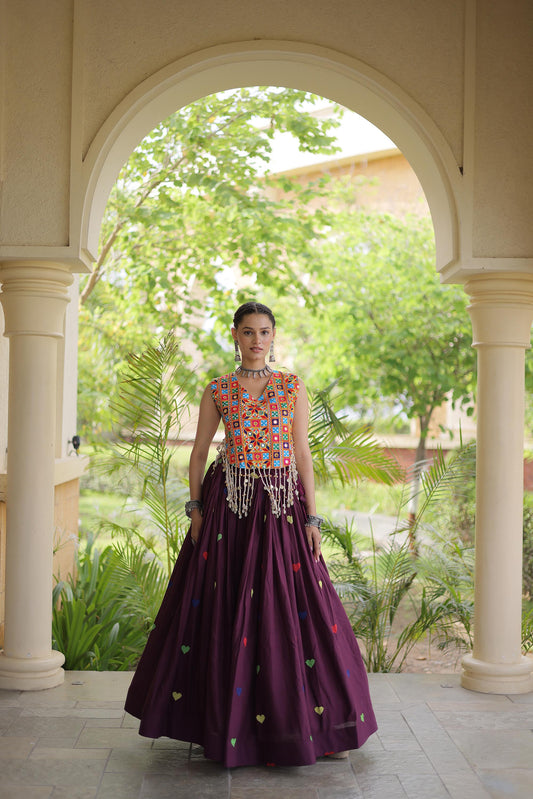 Wine Cora Cotton Gamthi Thread Embroidered & Mirror Work Navratri Lehenga Choli