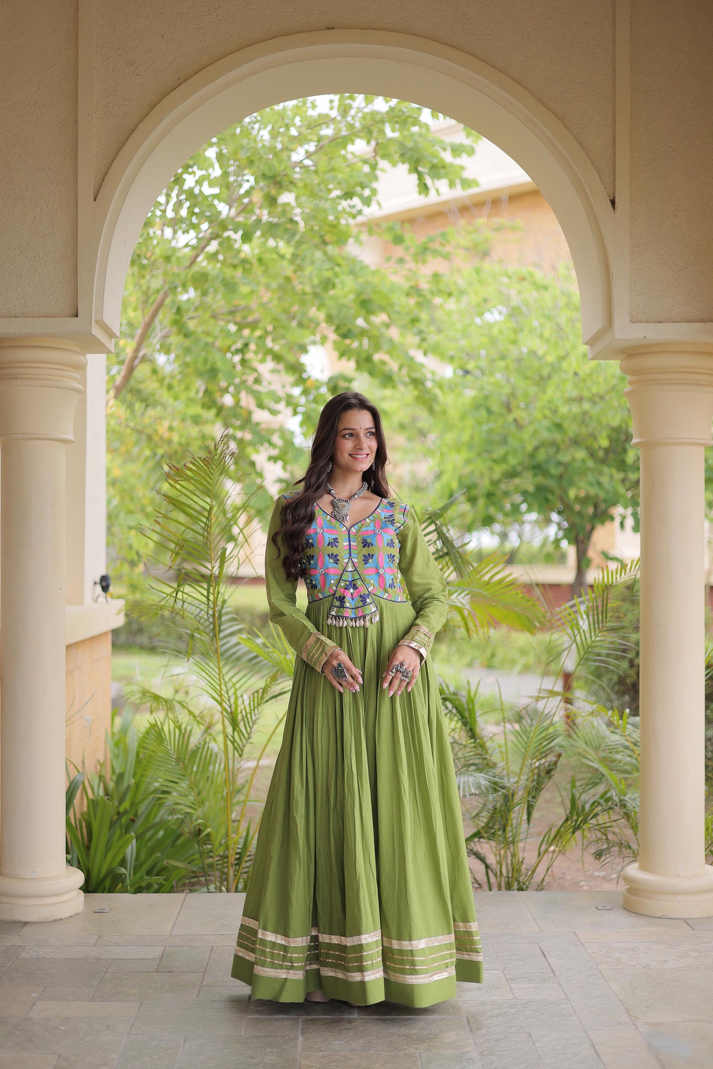 Parrot Green Kora Cotton Gota Patti & Mirror Work Navratri Gown