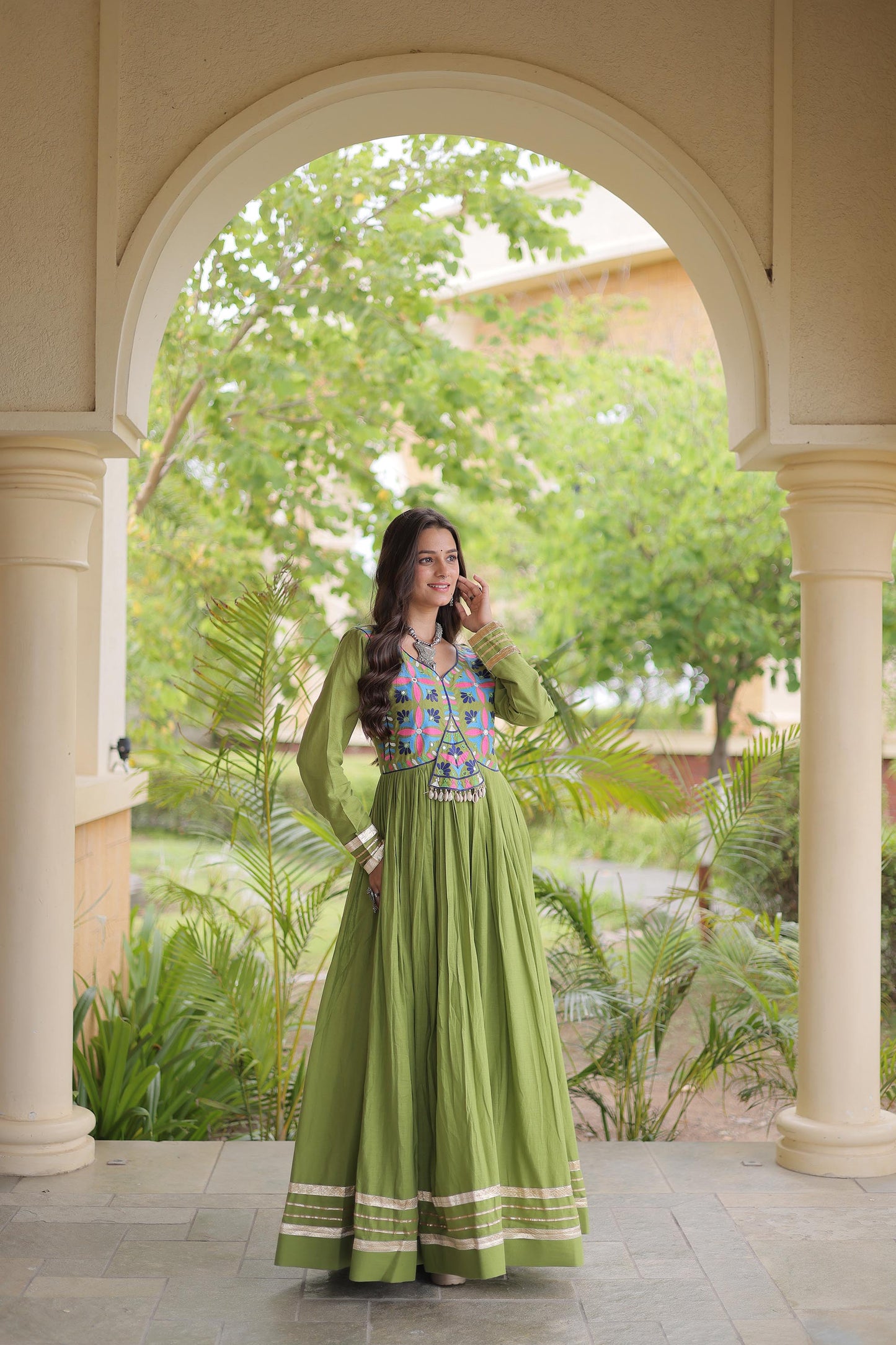 Parrot Green Kora Cotton Gota Patti & Mirror Work Navratri Gown
