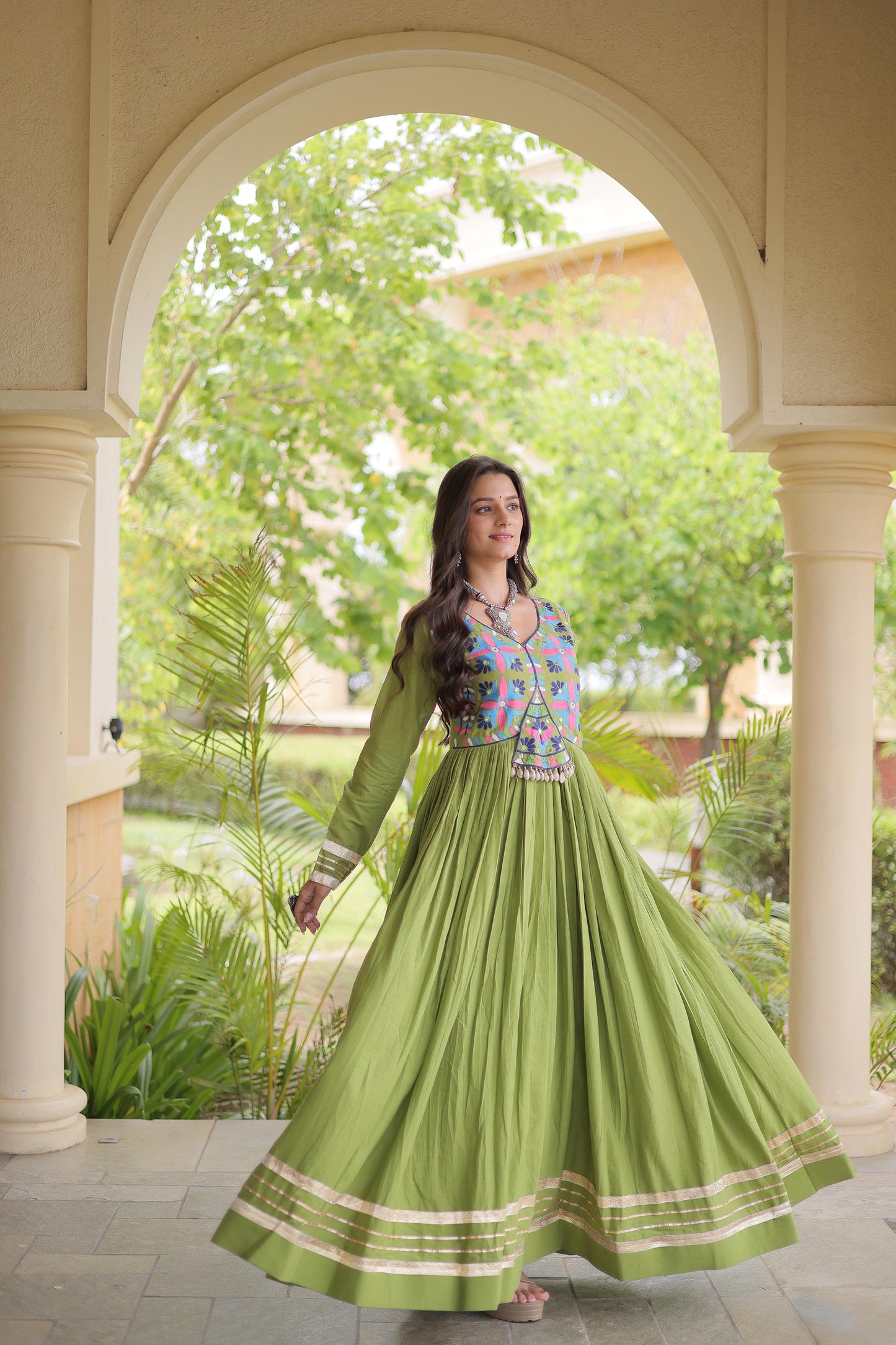 Parrot Green Kora Cotton Gota Patti & Mirror Work Navratri Gown