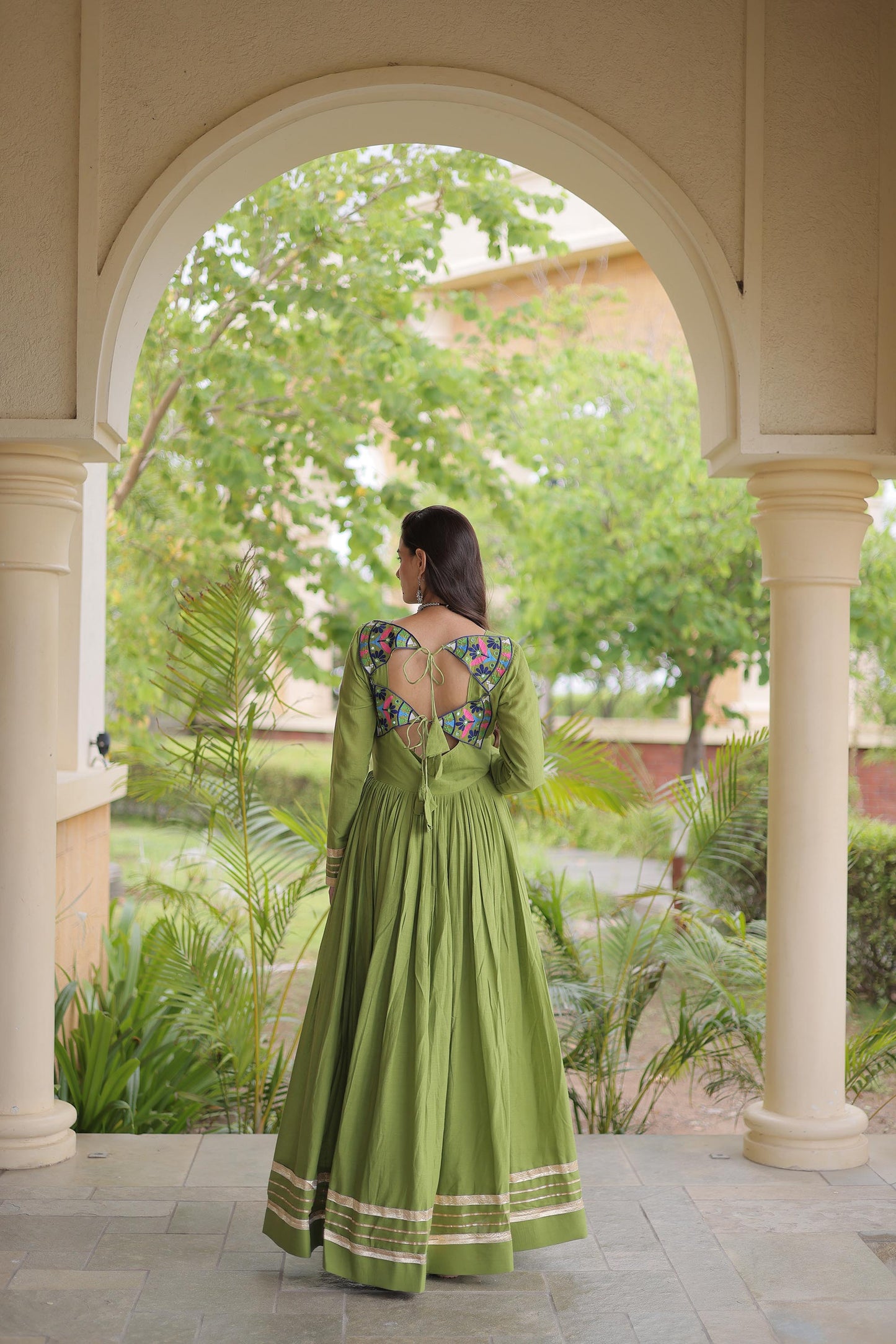 Parrot Green Kora Cotton Gota Patti & Mirror Work Navratri Gown