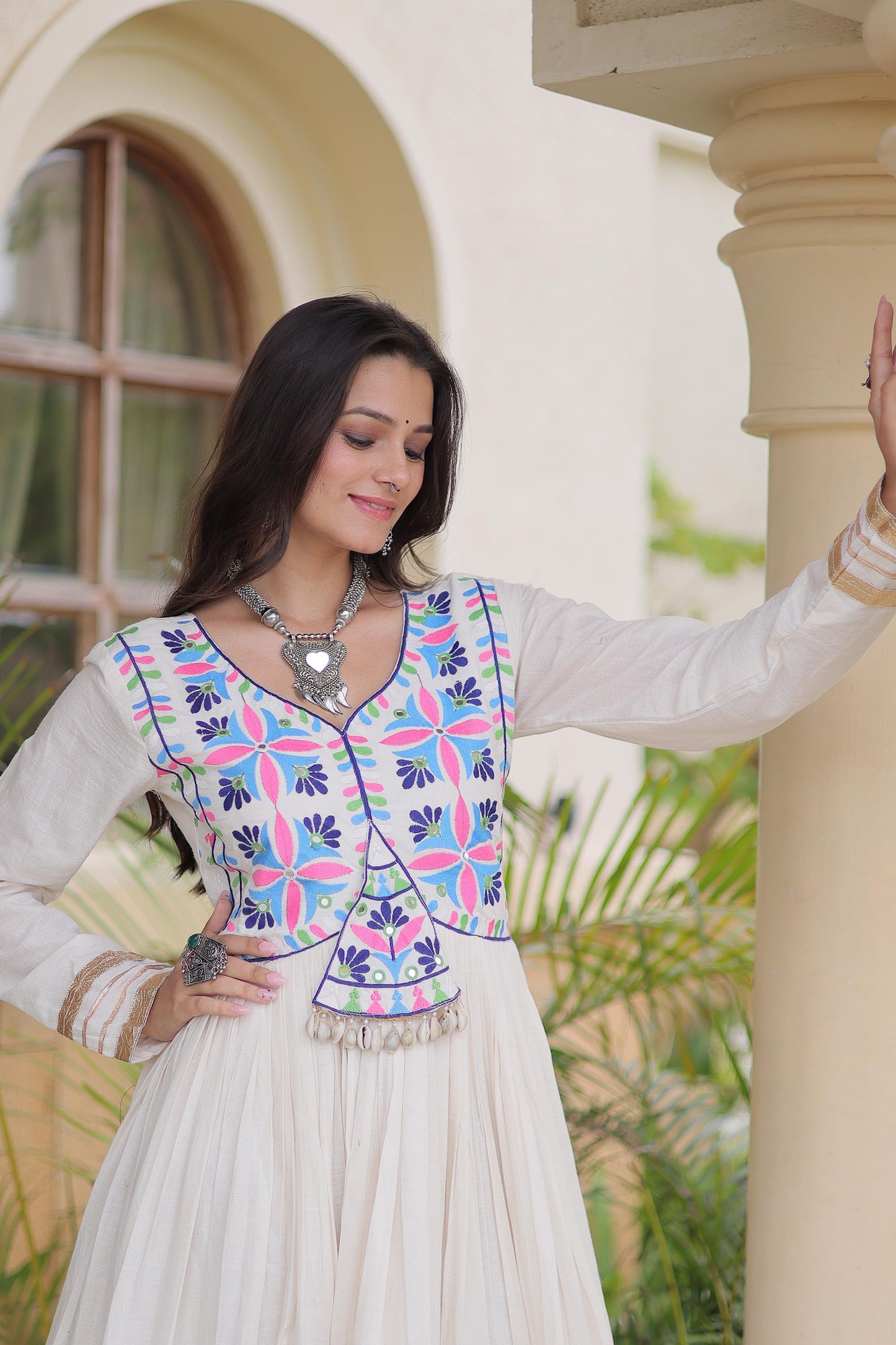 Off White Kora Cotton Gota Patti & Mirror Work Navratri Gown