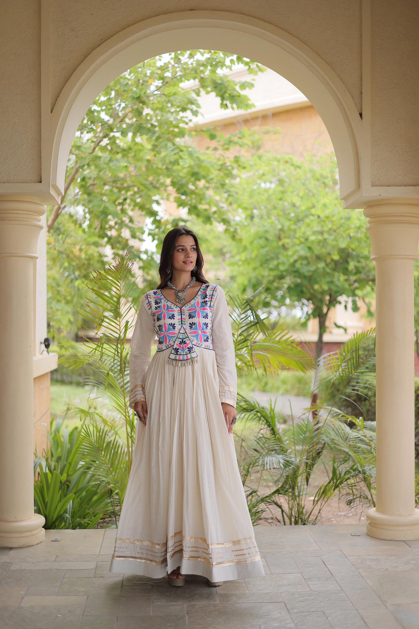 Off White Kora Cotton Gota Patti & Mirror Work Navratri Gown