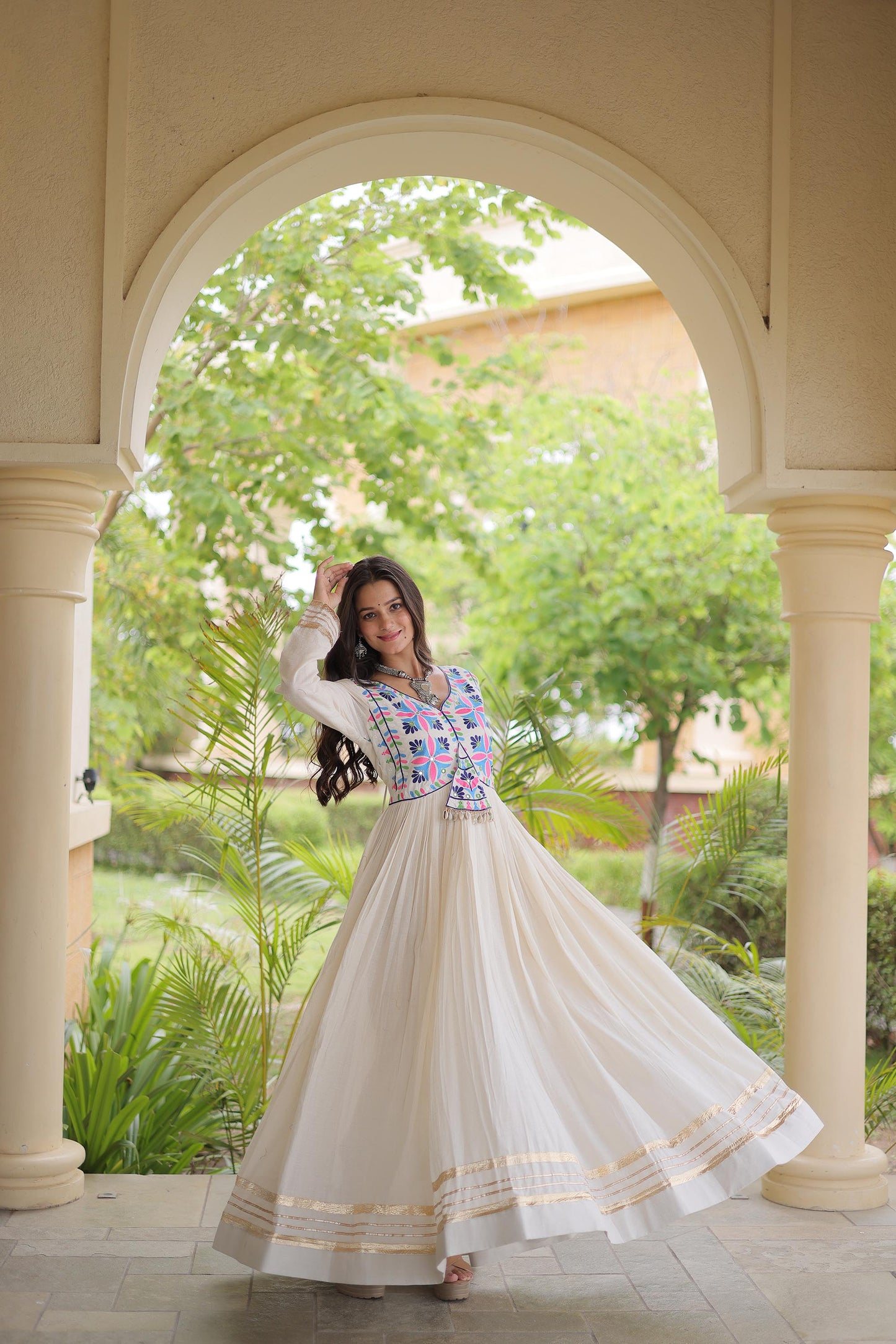 Off White Kora Cotton Gota Patti & Mirror Work Navratri Gown