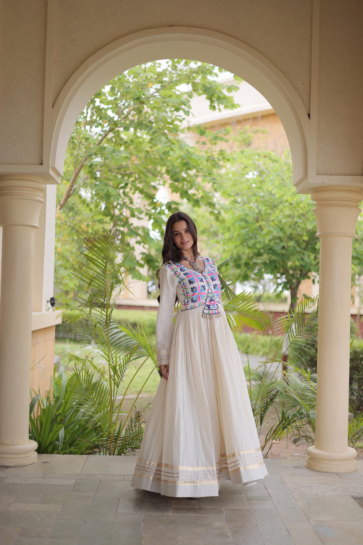 Off White Kora Cotton Gota Patti & Mirror Work Navratri Gown