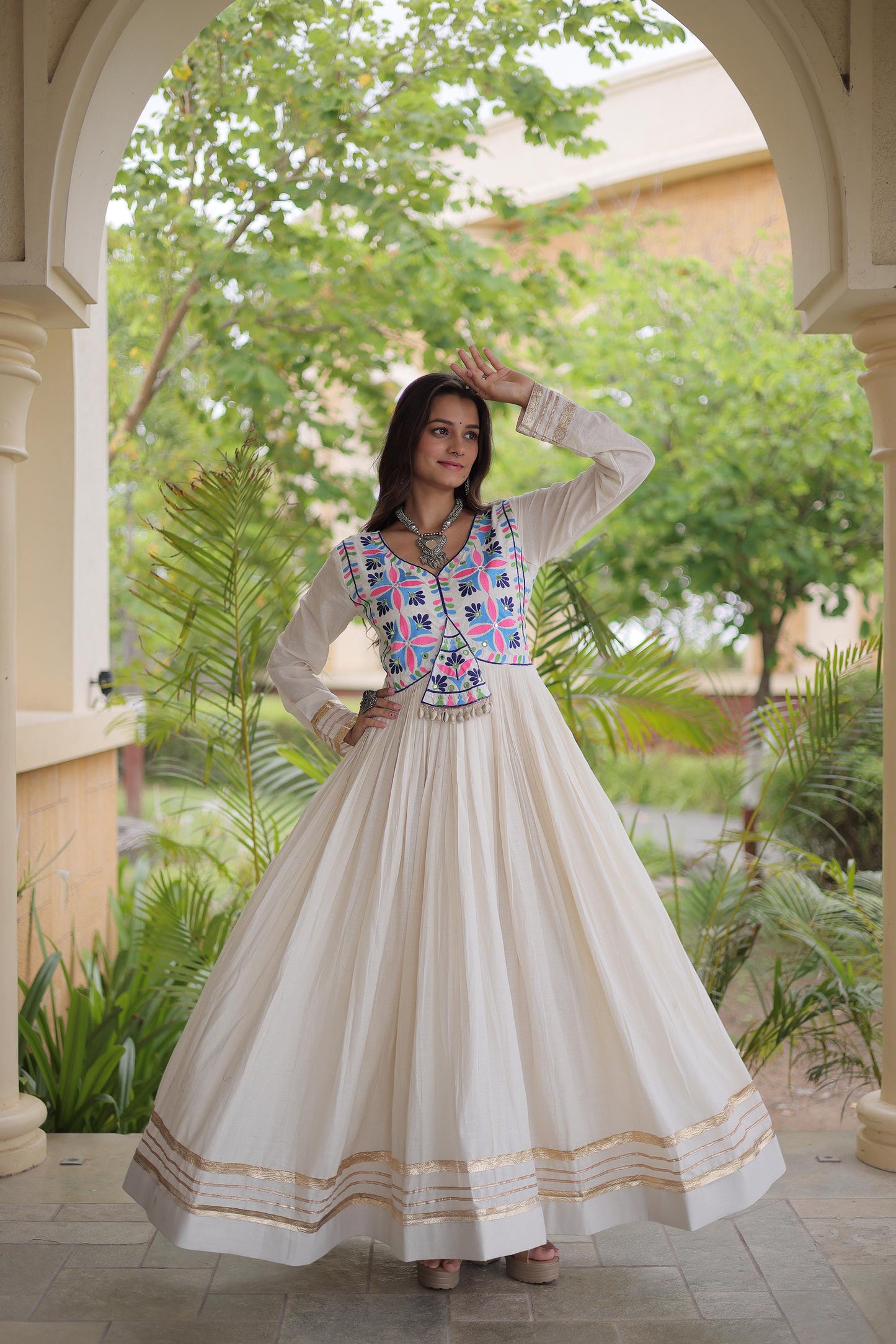 Off White Kora Cotton Gota Patti & Mirror Work Navratri Gown
