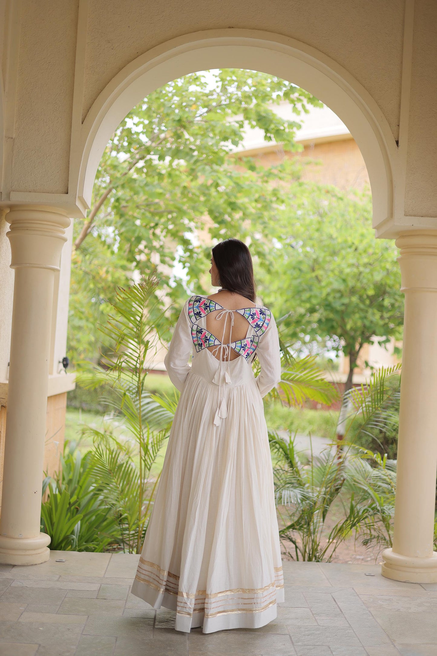 Off White Kora Cotton Gota Patti & Mirror Work Navratri Gown
