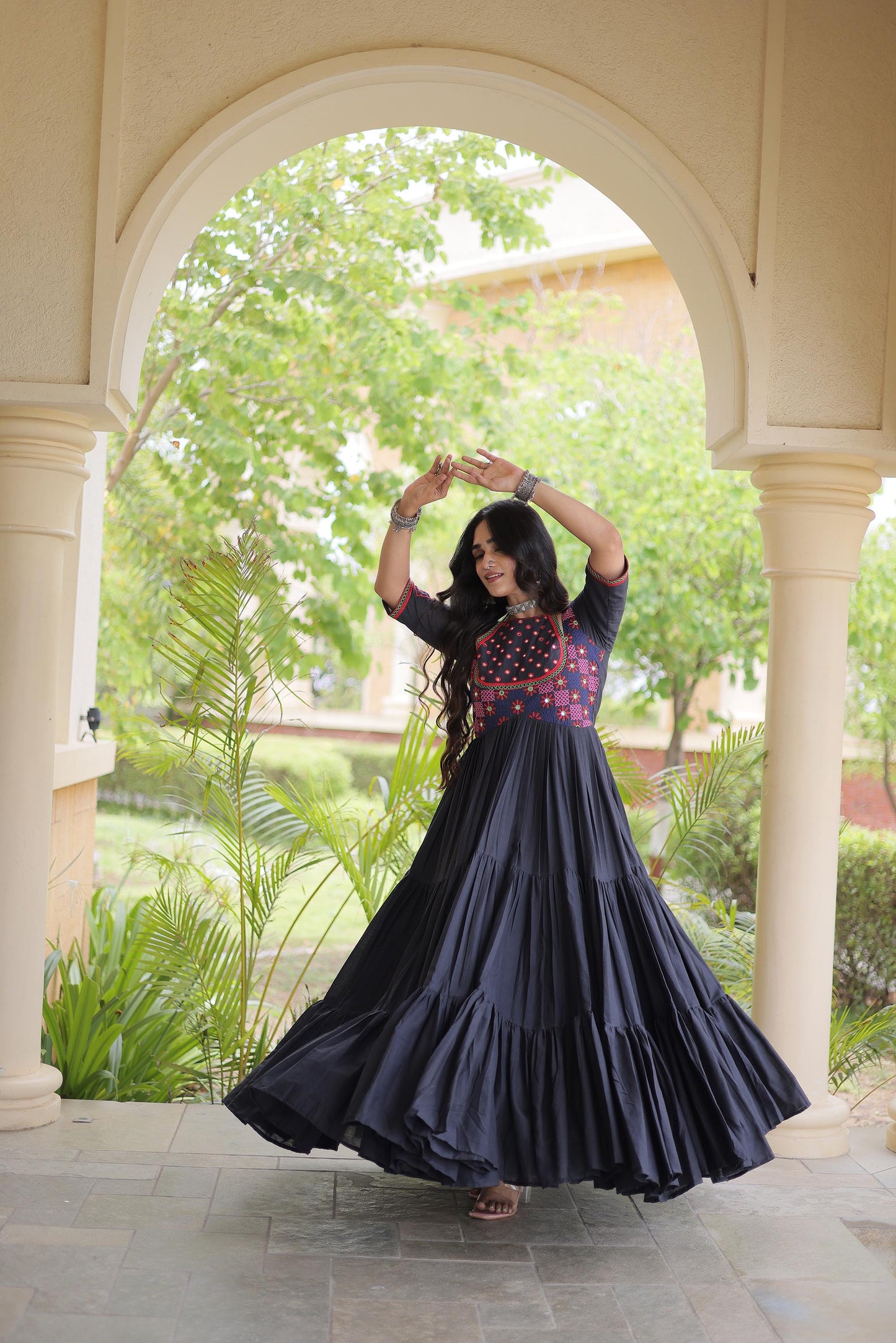 Black Kora Cotton Mirror & Thread Embroidered Navratri Gown