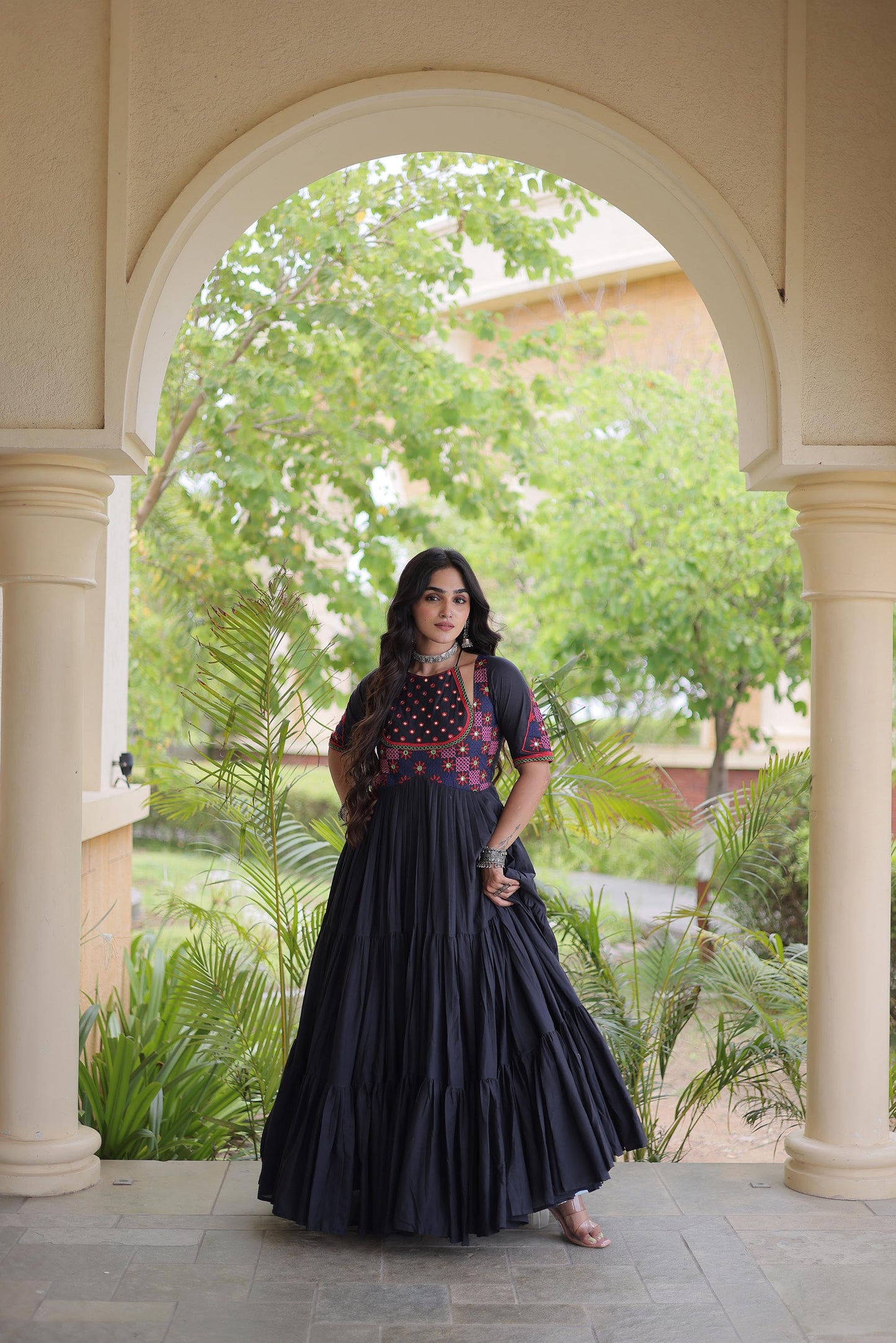 Black Kora Cotton Mirror & Thread Embroidered Navratri Gown