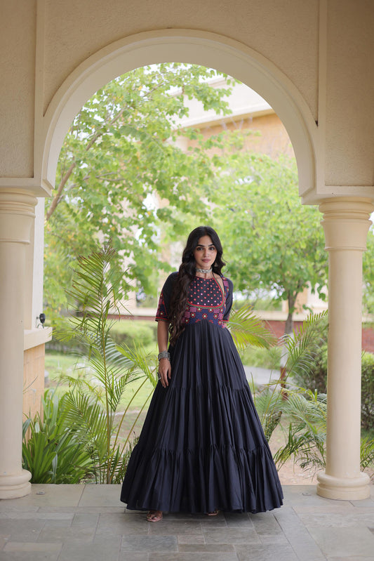 Black Kora Cotton Mirror & Thread Embroidered Navratri Gown