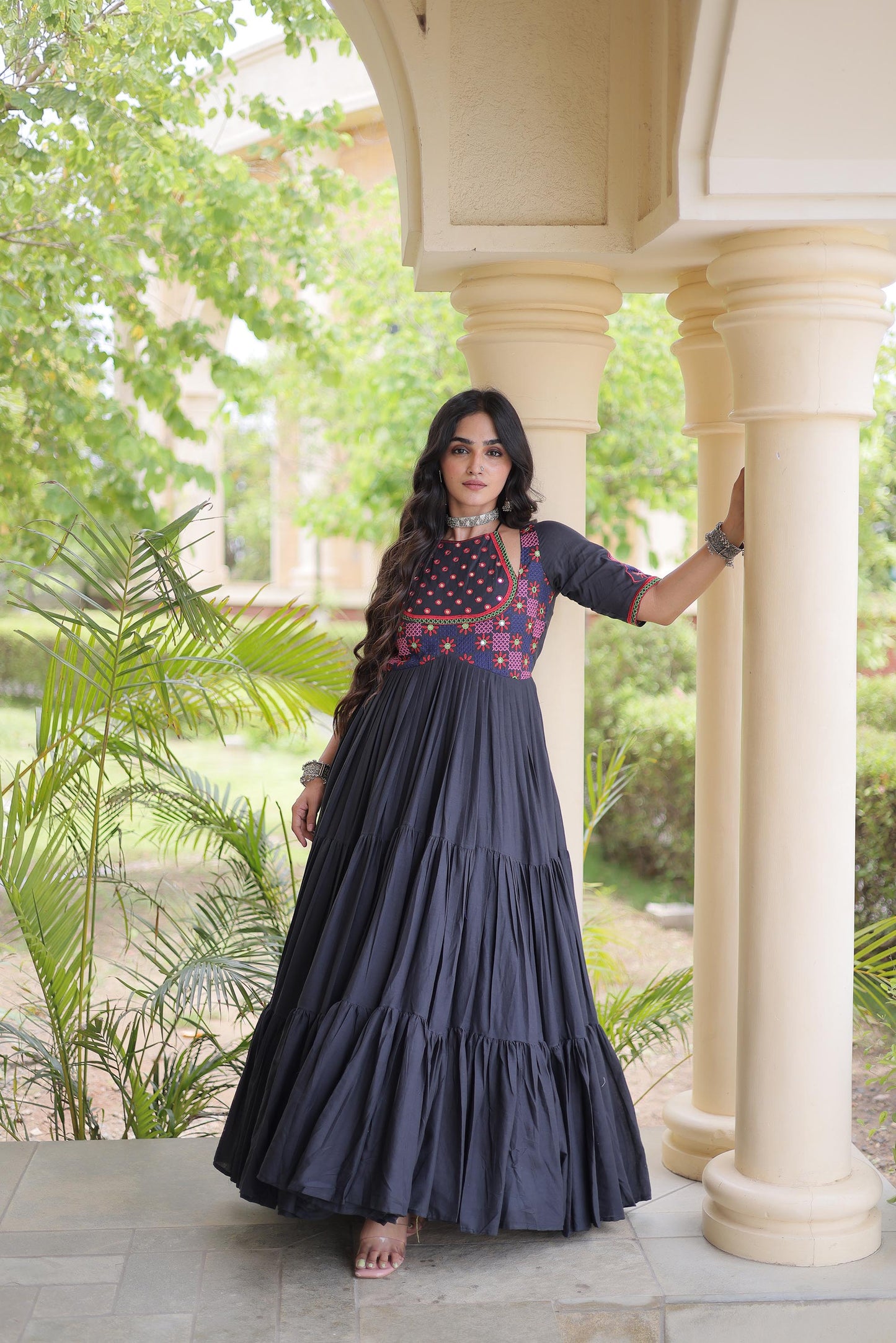 Black Kora Cotton Mirror & Thread Embroidered Navratri Gown