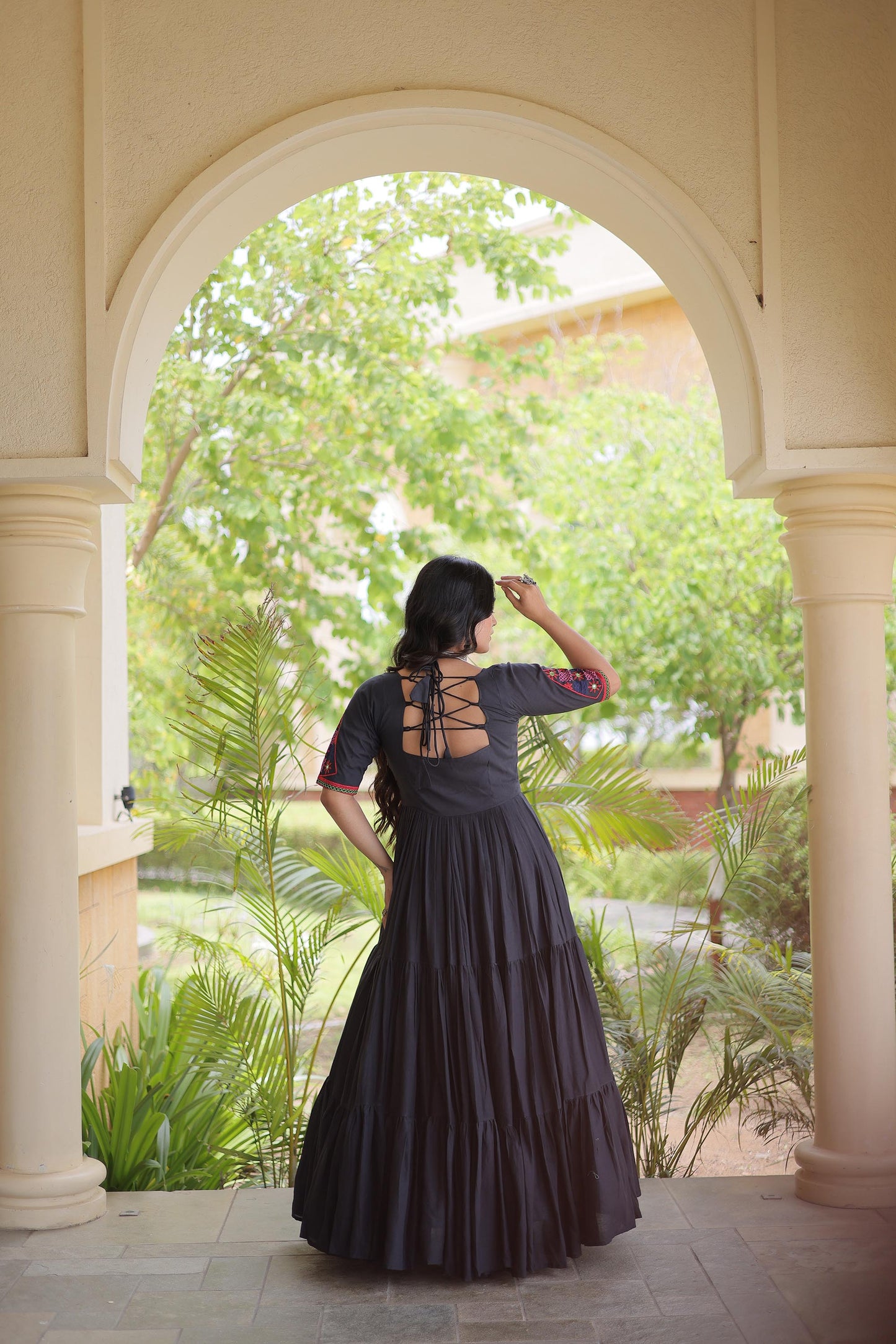 Black Kora Cotton Mirror & Thread Embroidered Navratri Gown