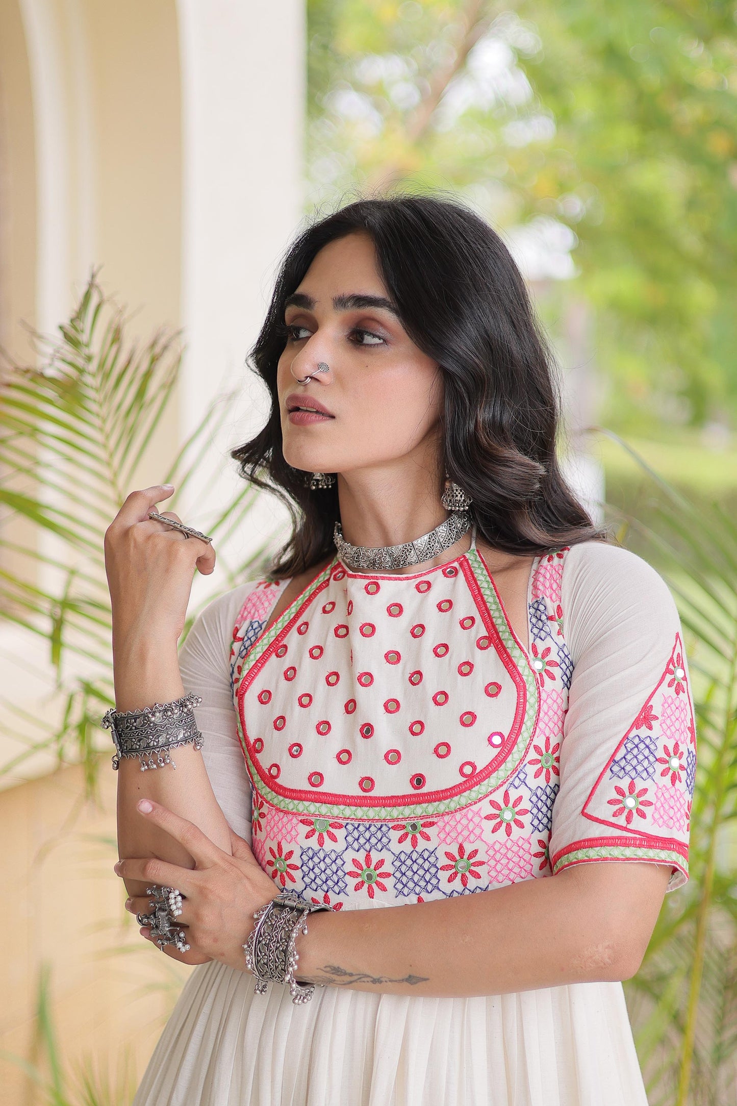 Off White Kora Cotton Mirror & Thread Embroidered Navratri Gown