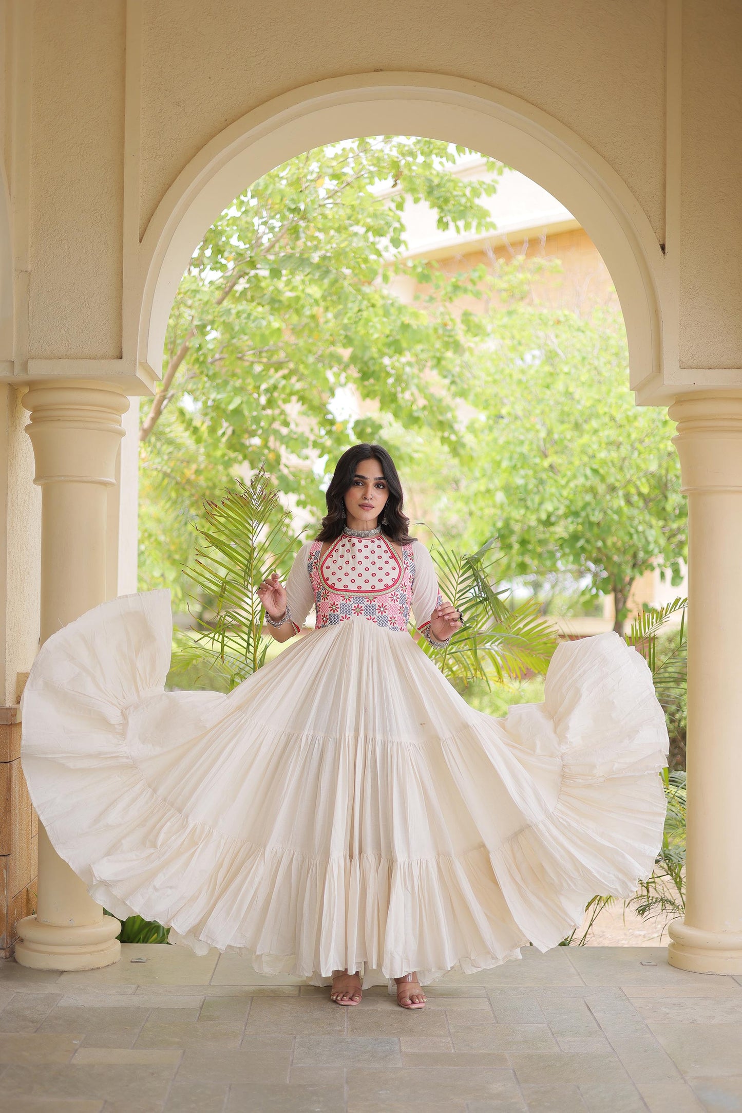 Off White Kora Cotton Mirror & Thread Embroidered Navratri Gown