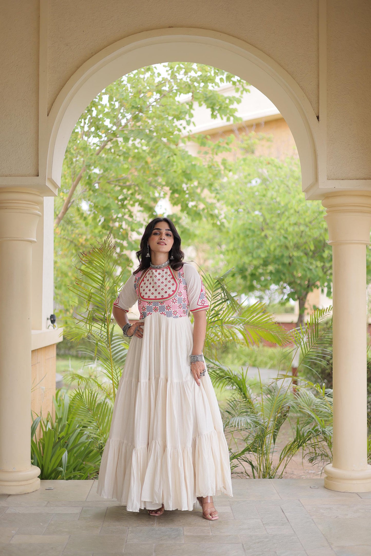 Off White Kora Cotton Mirror & Thread Embroidered Navratri Gown