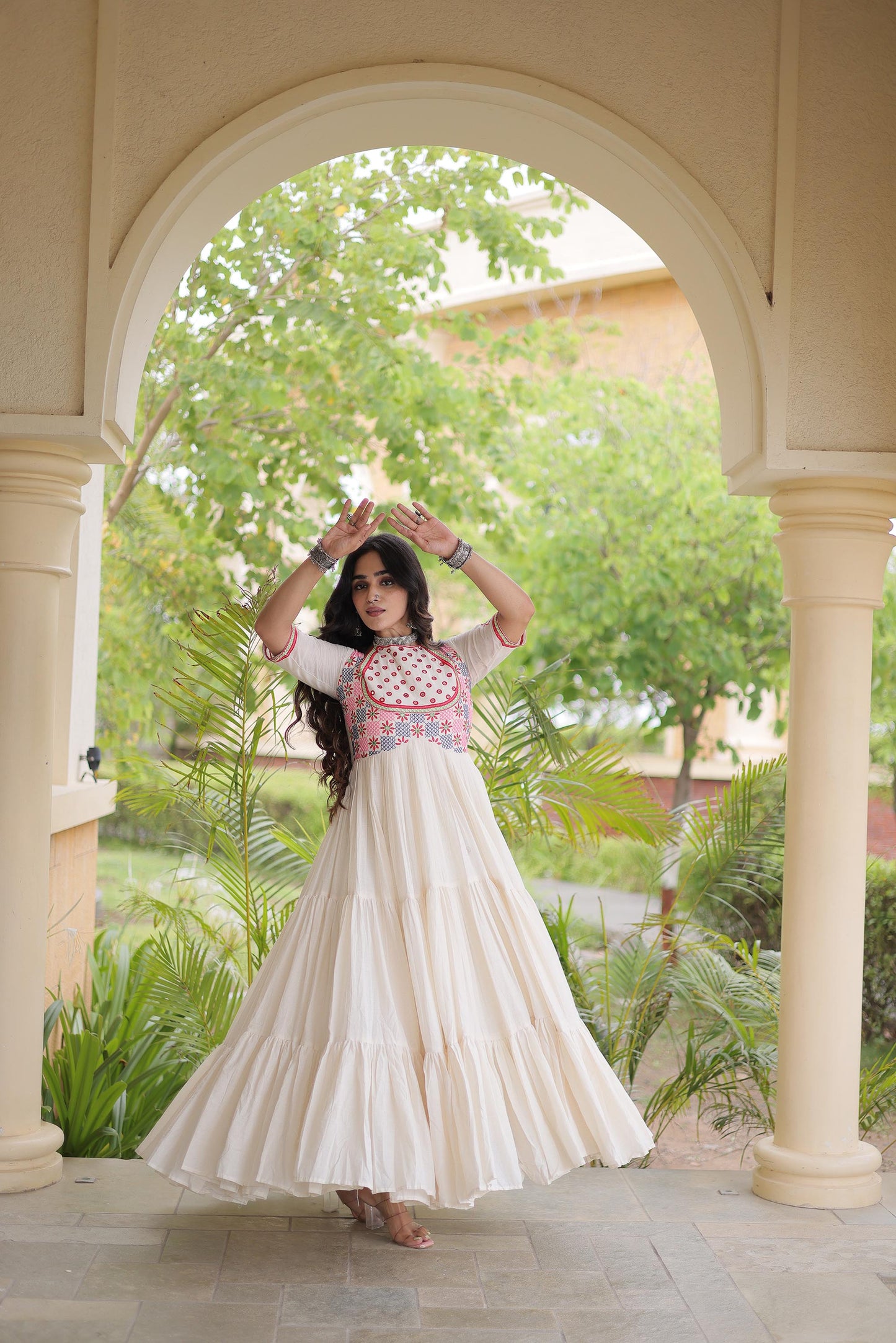 Off White Kora Cotton Mirror & Thread Embroidered Navratri Gown