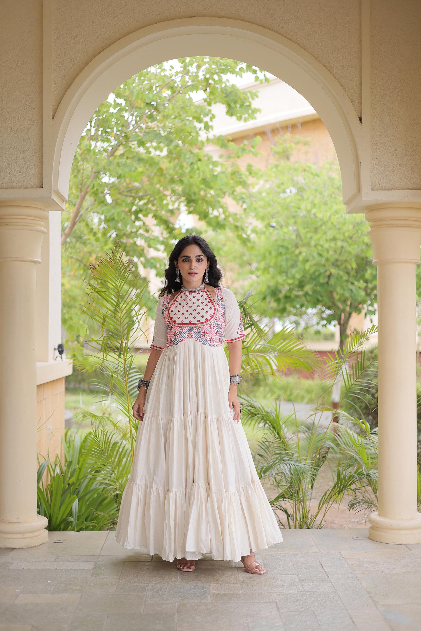 Off White Kora Cotton Mirror & Thread Embroidered Navratri Gown